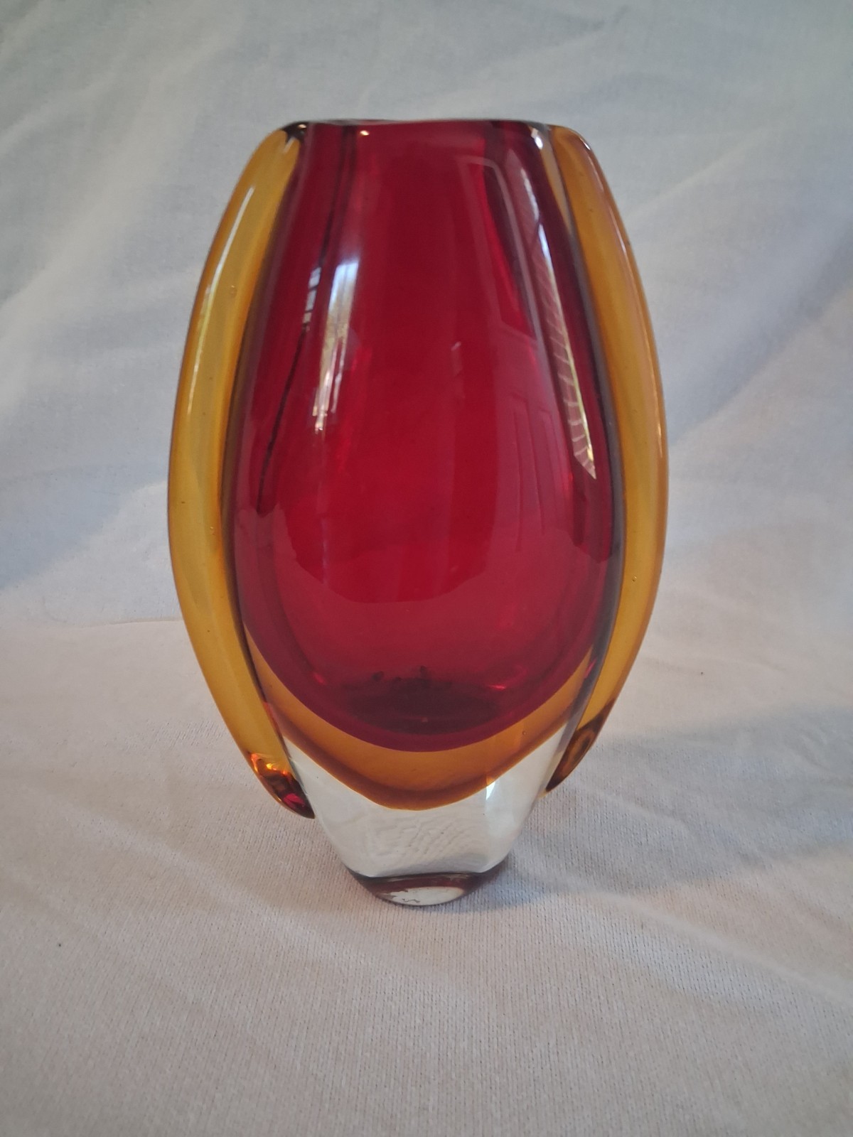 VTG Heavy Glass Art Decorative Vase Red Yellow Red Orange Clear Murano Style EUC