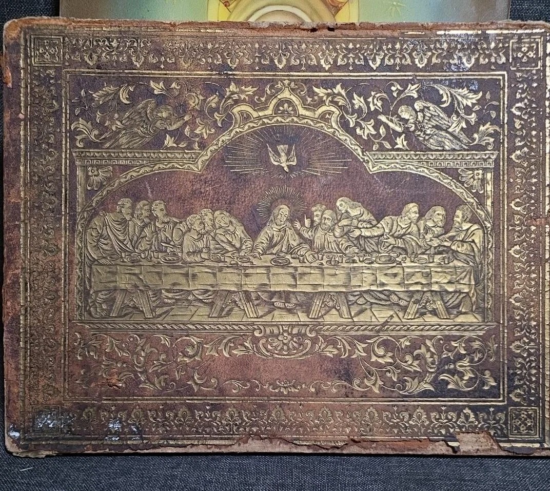 Antique Gilt Embossed Leather Last Supper Jesus Catholic Religious Art 12x9