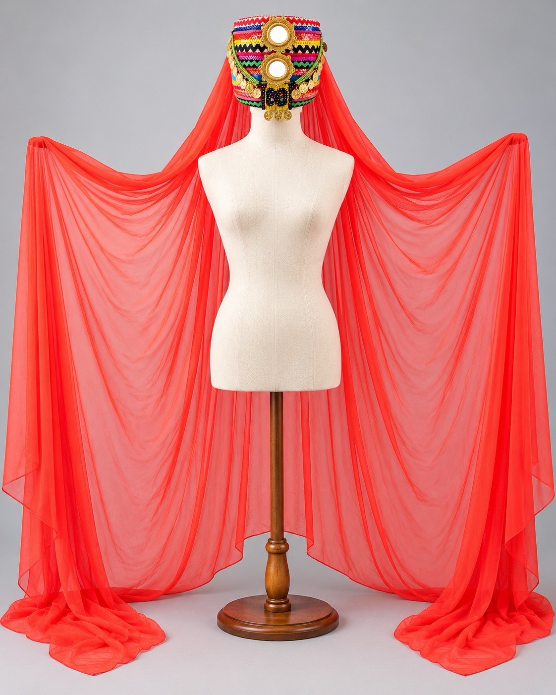 Vintage Handmade Folk Art Headdress Hat Mirror Coin Beaded Red Veil Costume