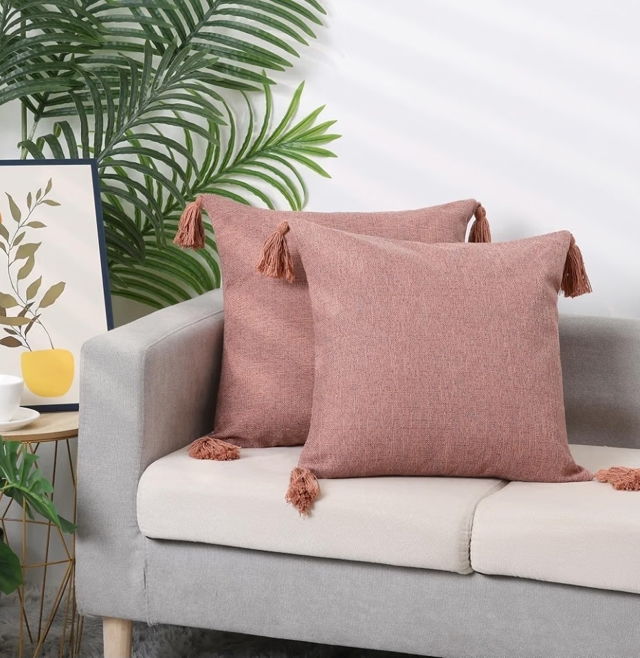 2 Pcs Cover Set, Sofa Throw Pillow Covers with Tassel Design 18 x 18 Inch Pink