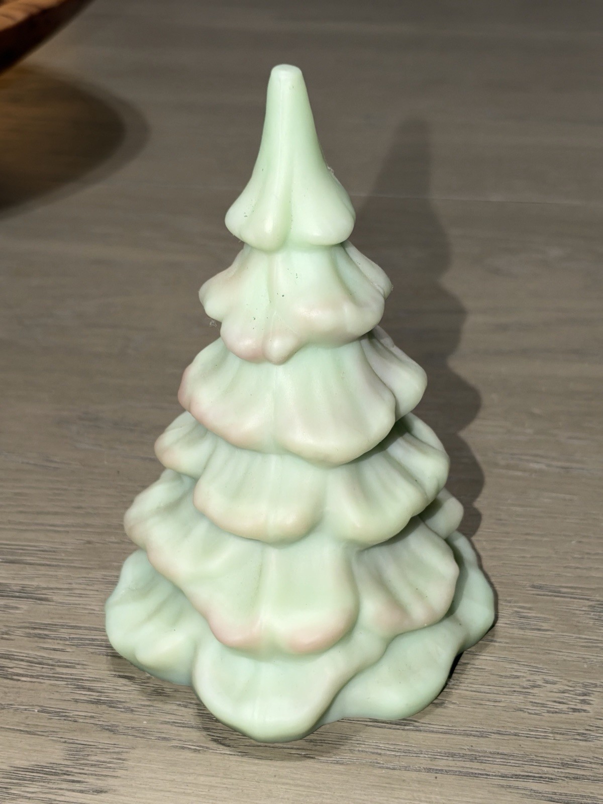 Unmarked Pale Green W Pink Burmese Glass Christmas Tree — 6.25” Possibly Fenton