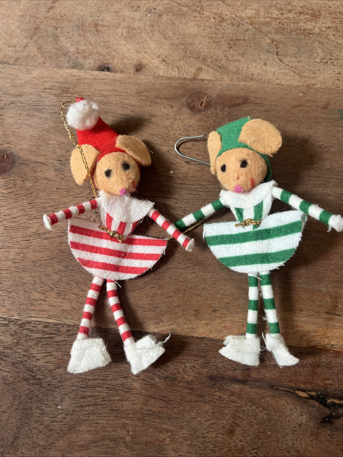 2 VTG 1940s FLOCKED ELF MOUSE CHRISTMAS ORNAMENTS MADE IN JAPAN 4 1/2\
