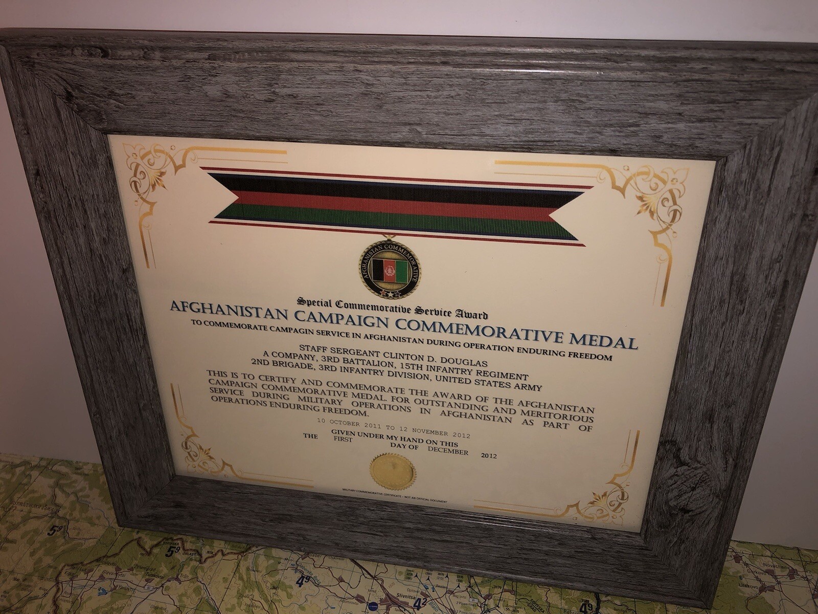 SCSA - AFGHANISTAN CAMPAIGN COMMEMORATIVE MEDAL CERTIFICATE ~ Type 1