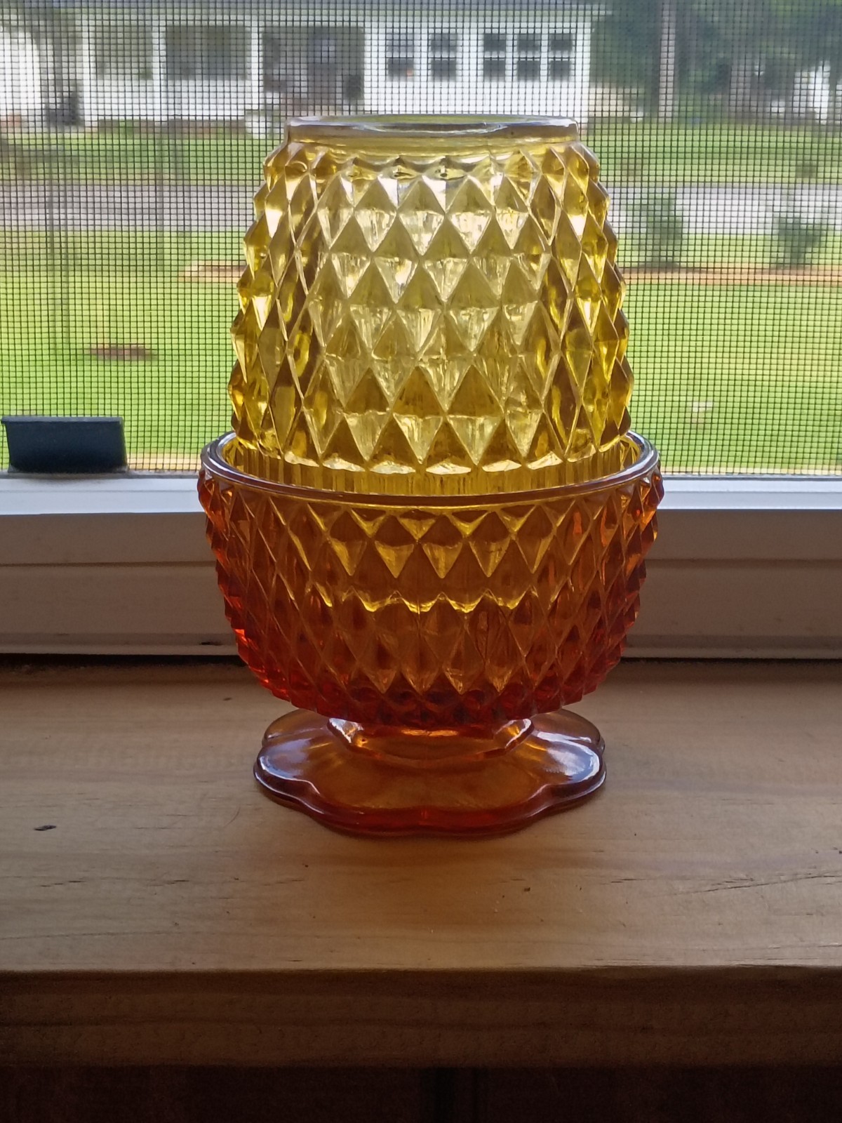 VTG Amber Indiana Glass Diamond Point Fairy Lamp Candle Holder 