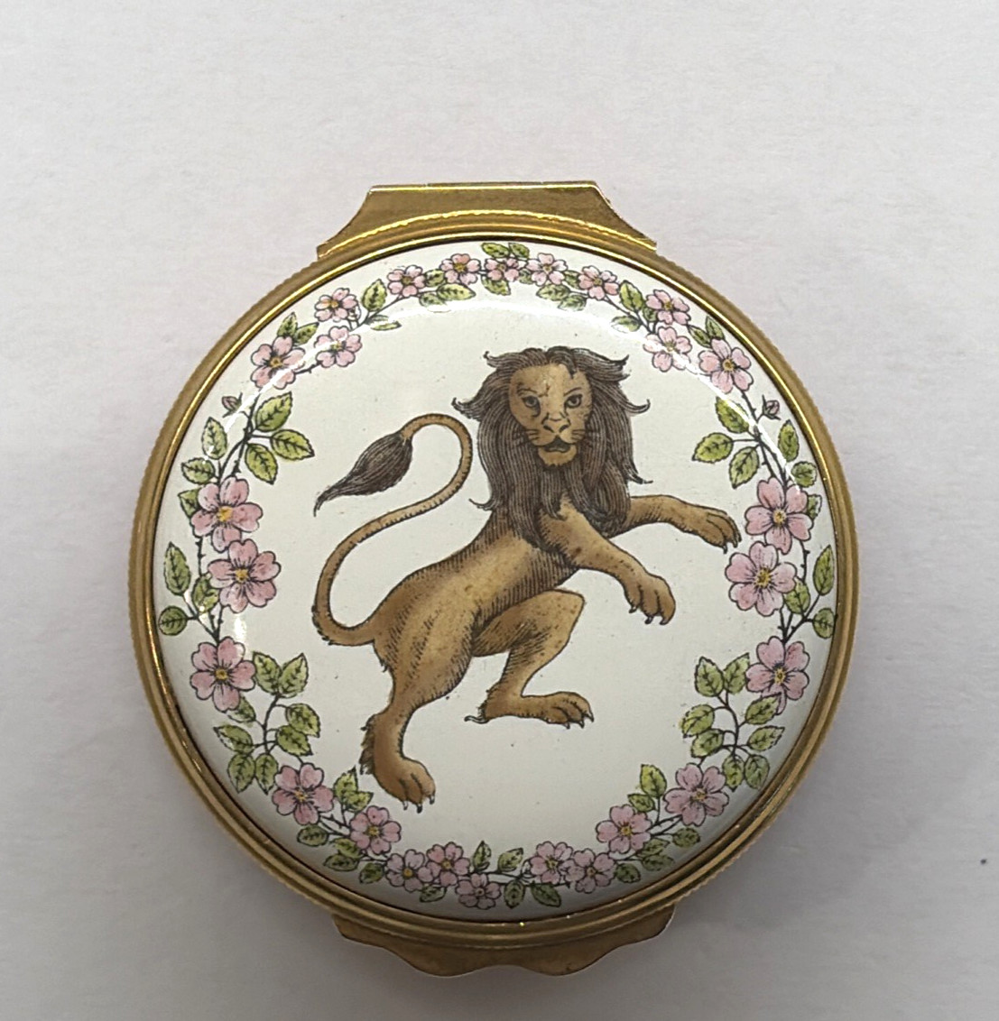 RARE HALCYON DAYS English Lion Enamel Hinged Trinket Box J. KEATs Quote Nr Mint