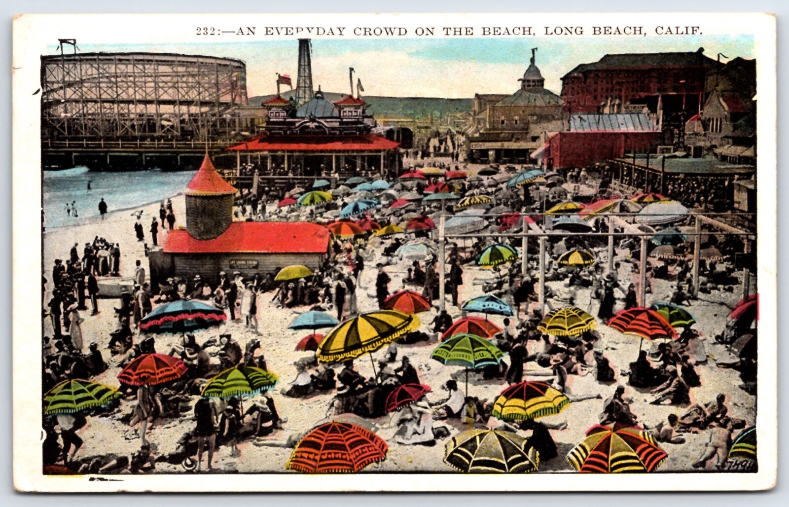 1923 Long Beach California  Hand Colored Post Card Beach Roller Coaster P6
