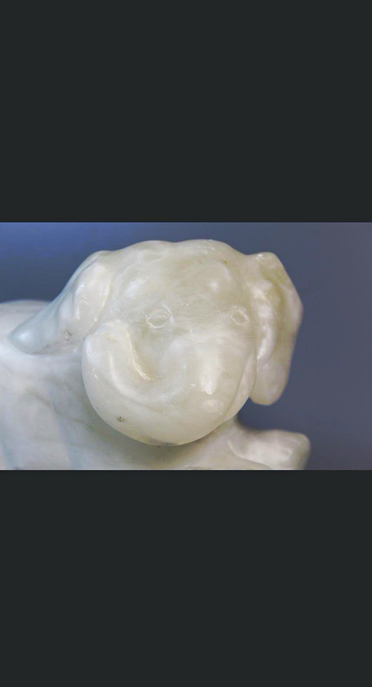 Chinese Pale Celadon Hardstone Recumbent Elephant, Possibly Nephrite, 8 in, 8 lb