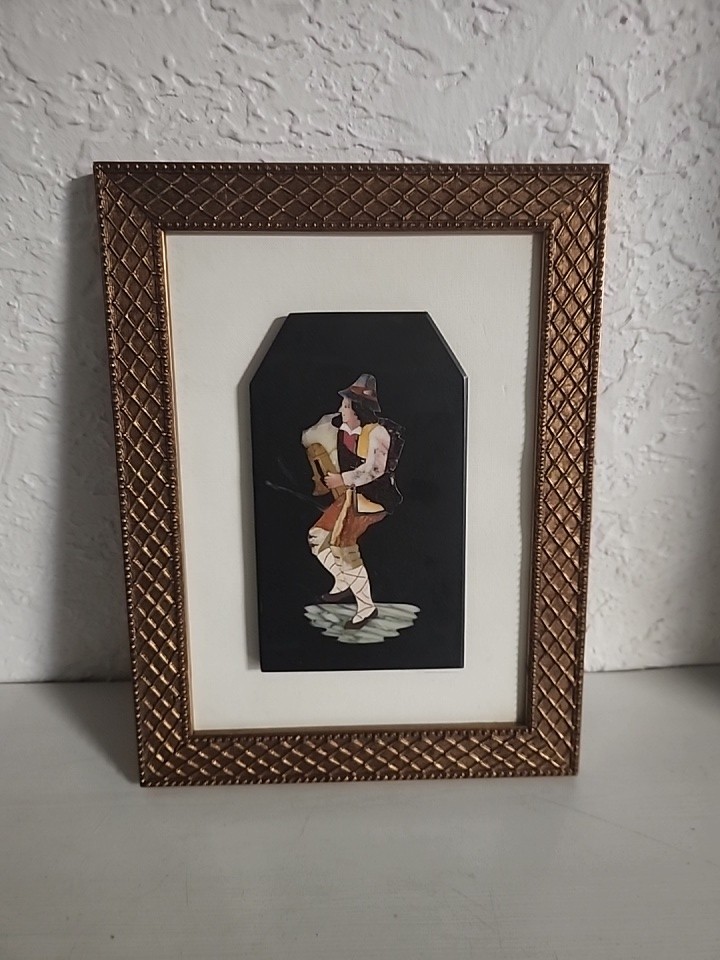 Antique Italian Pietra Dura Inlaid Stone Plaques Men playing the bagpipes