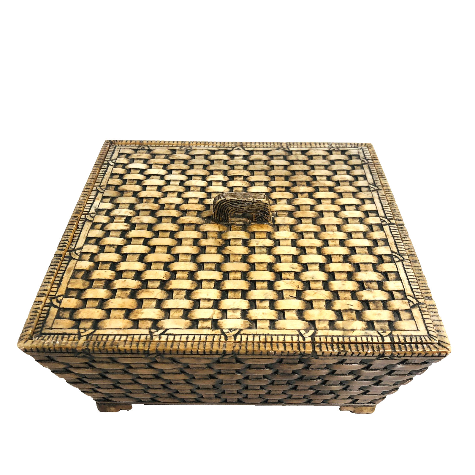 Vintage Soapstone Hand-Carved Weave Box Square Quang Ninh Vietnam 7.5 x 3.5\