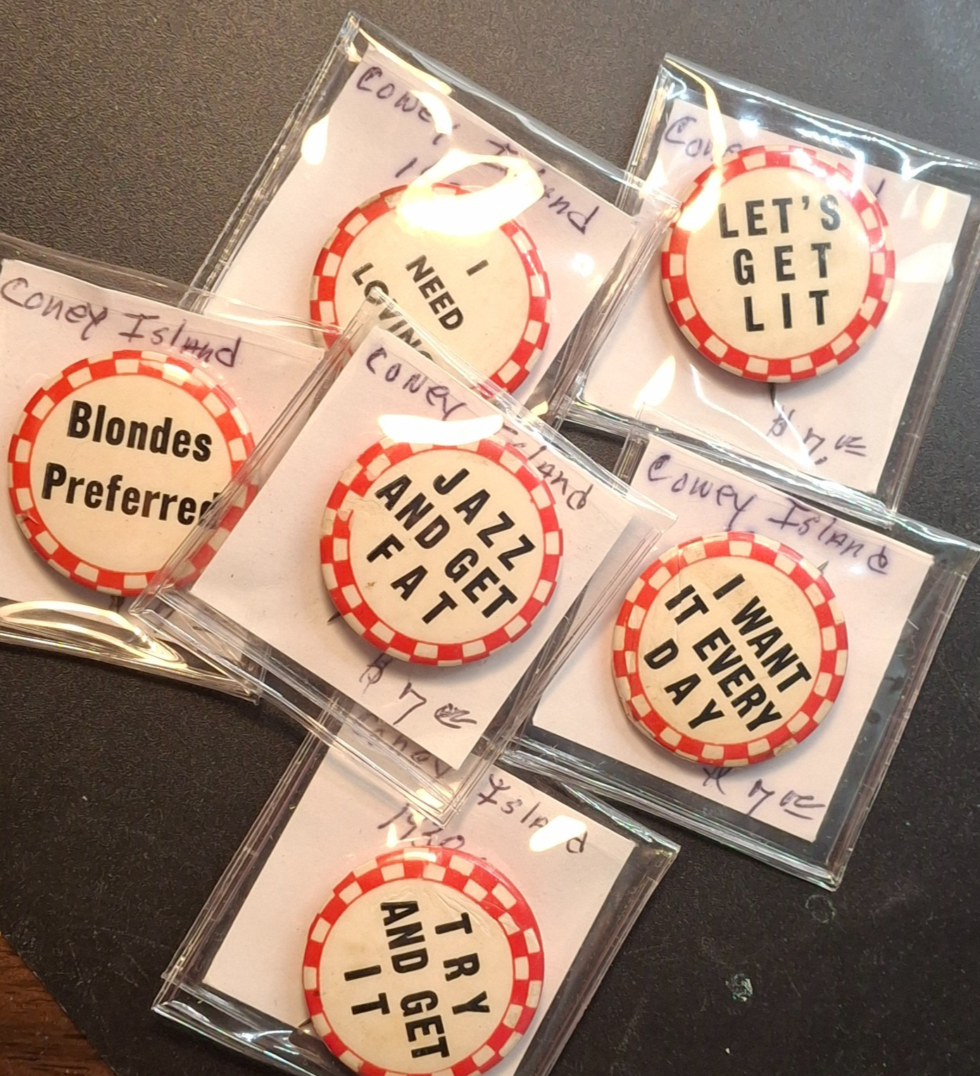 Coney Island Pinbacks Lot 6 1930s Vintage Buttons Jazz Blondes Pin NY