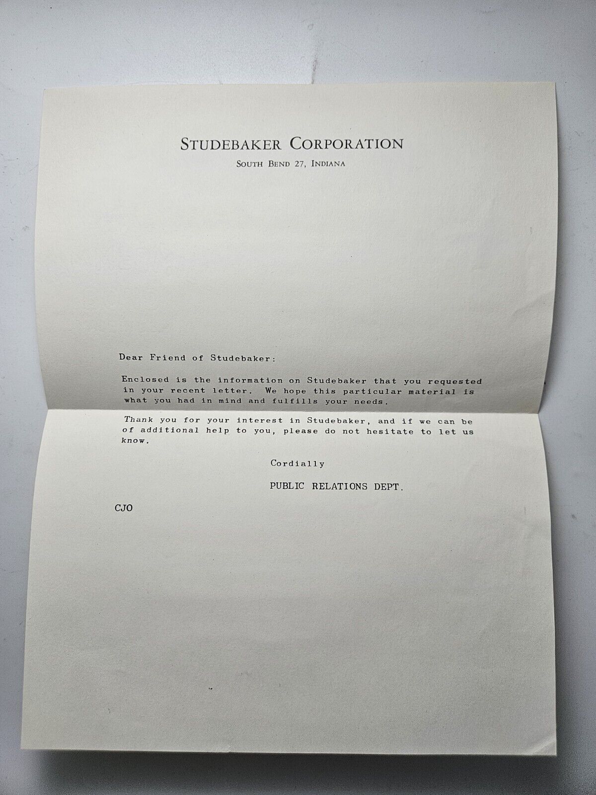 Vintage Studebaker Corporation Letter