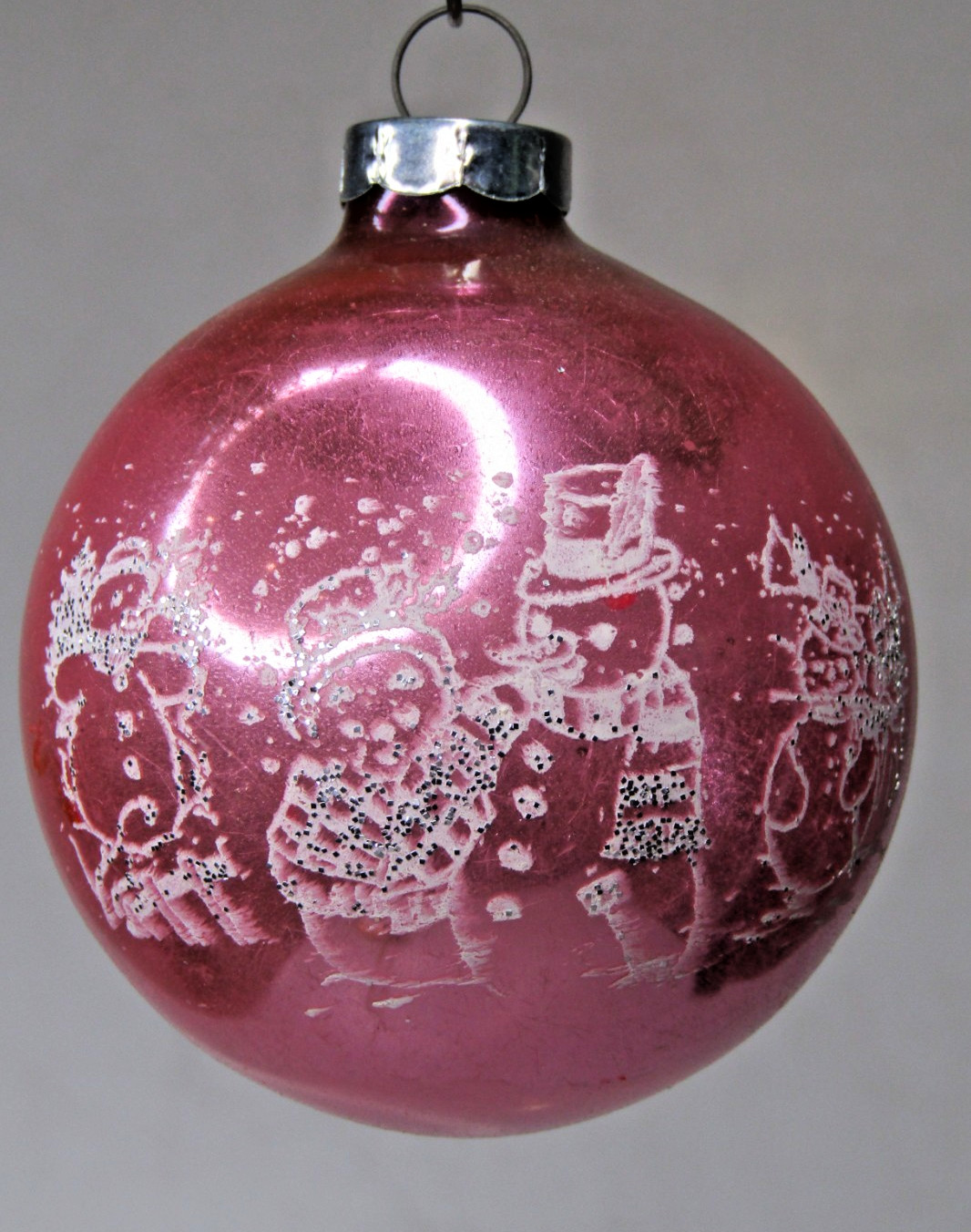 VTG Pre WWII Glass Pictured Mrs Ms SNOWMAN BALL Christmas Ornament Corning Pink