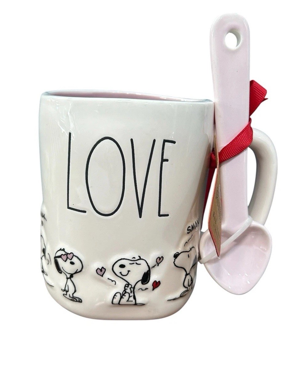 Rae Dunn Peanuts Snoopy LOVE Mug With Ceramic Heart Spoon Valentines Day NEW