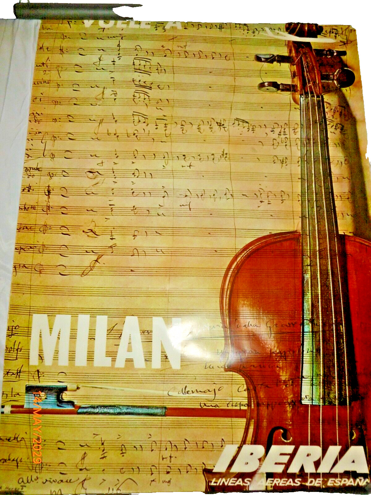 Vintage Iberia Airlines Milan Travel Poster Violin Music A Moreno Spain 38x24