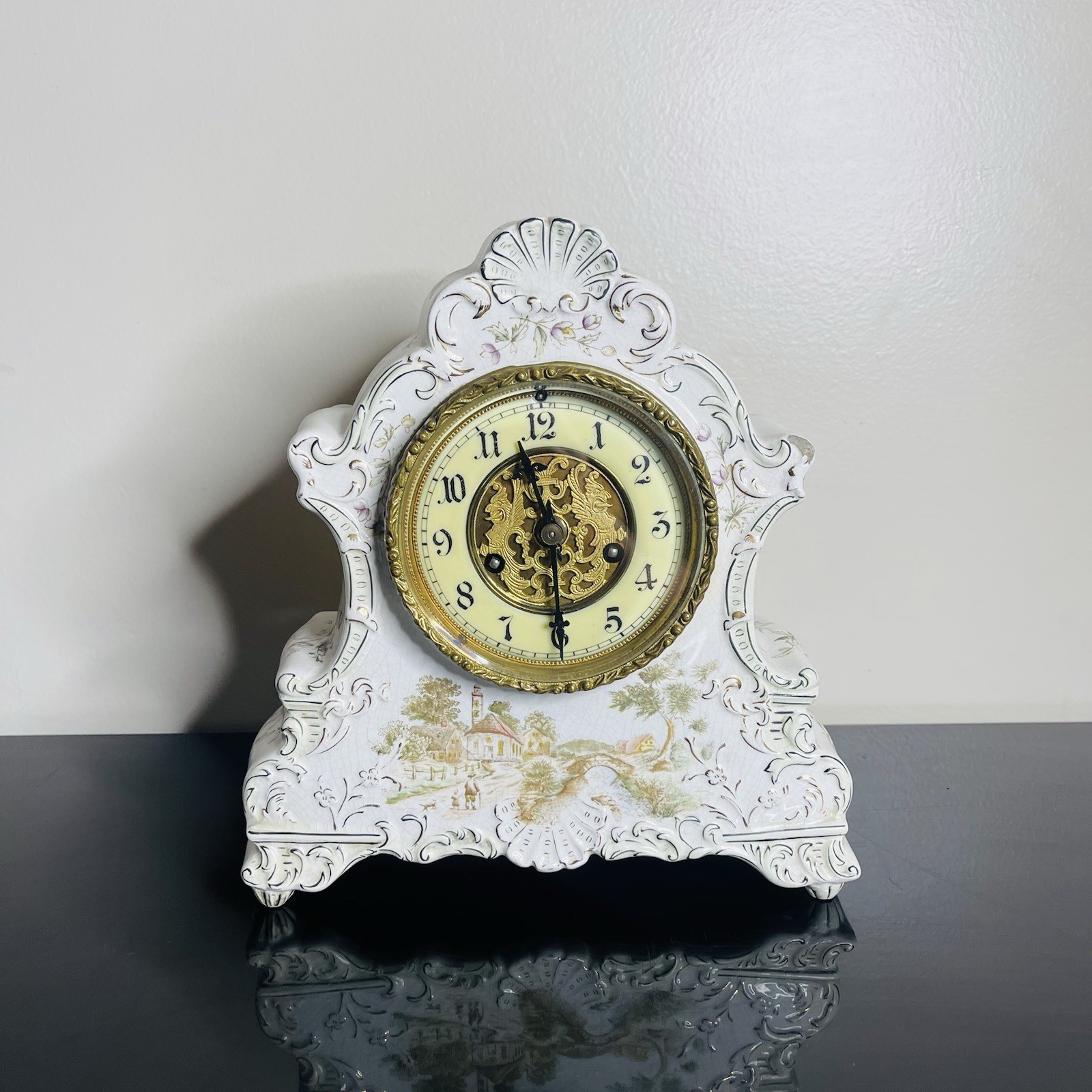 Vtg 1890s Waterbury Parlor Mantel Clock Porcelain W/Pendulum Floral BEAUTY