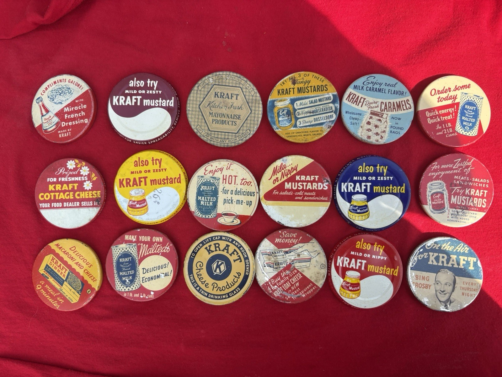 Vintage 1940-60 Advertising Kraft Metal Jar Lids Lot of 18 All Dif Dairy Food A1