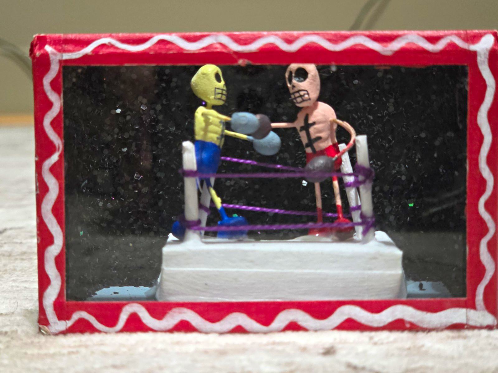 Day of the Dead Matchbox Shadow Box - Skeleton Boxers / Lucha Libre Folk Art