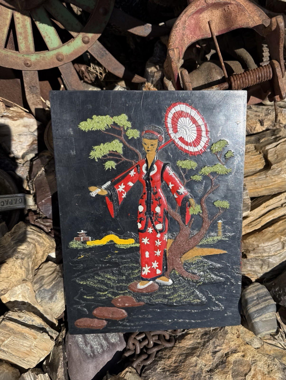 Vintage Mid century Relief Geisha Hand Painted Asian Lacquer