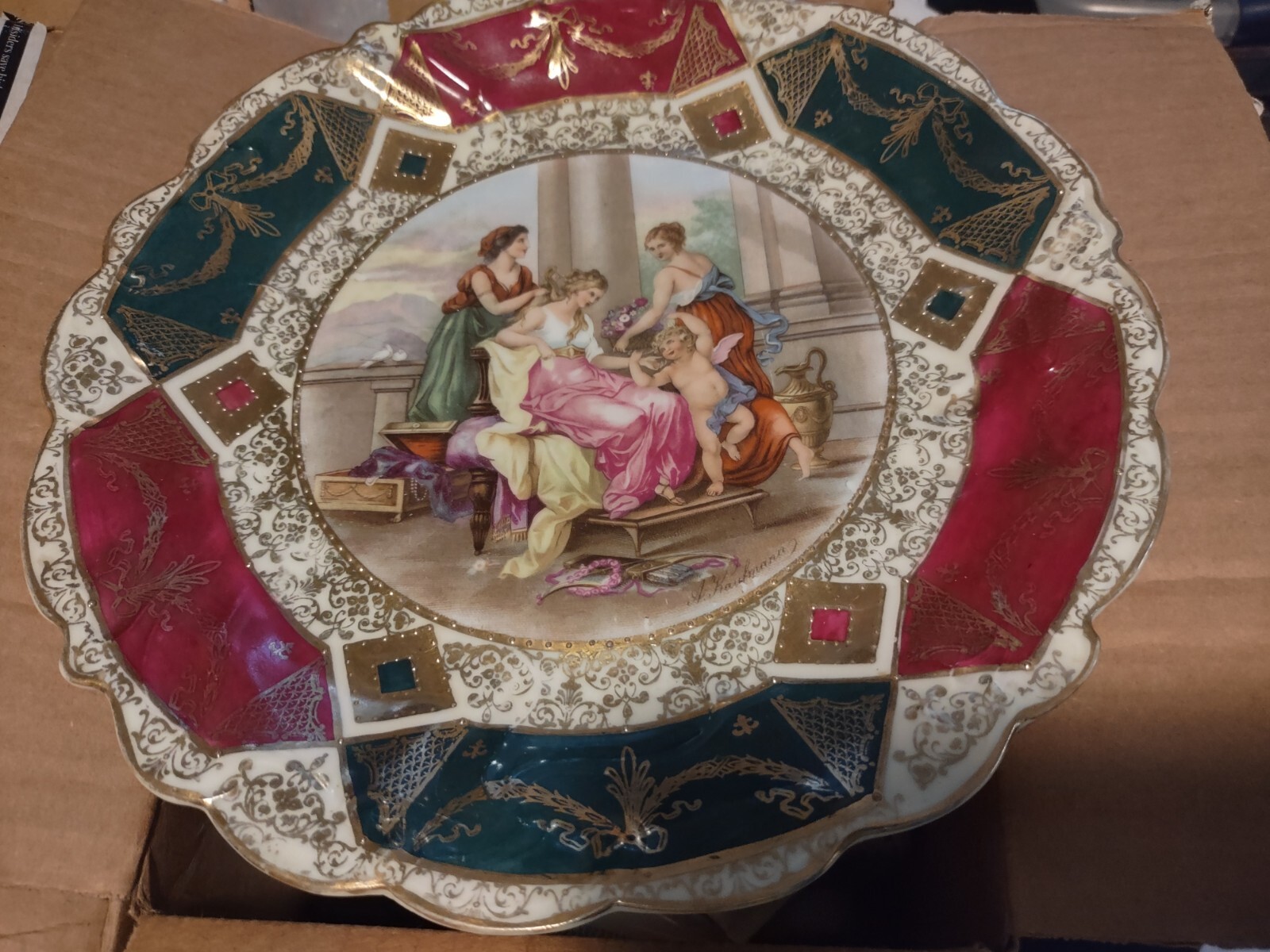 Antique Prov Saxe Plate ES Germany Maiden's Cherub in a Neoclassical. A.Kaufmann
