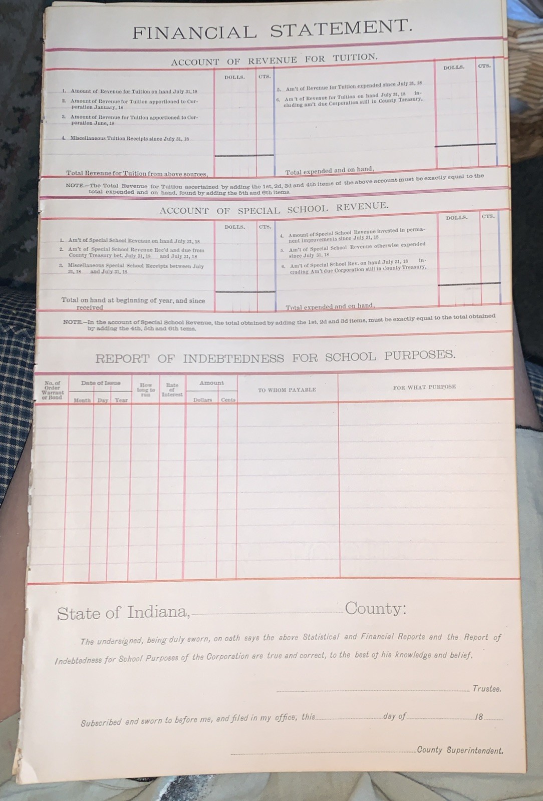 Over 100 Yrs Old Antique 1800’s Trustee Report & Financial Statement School