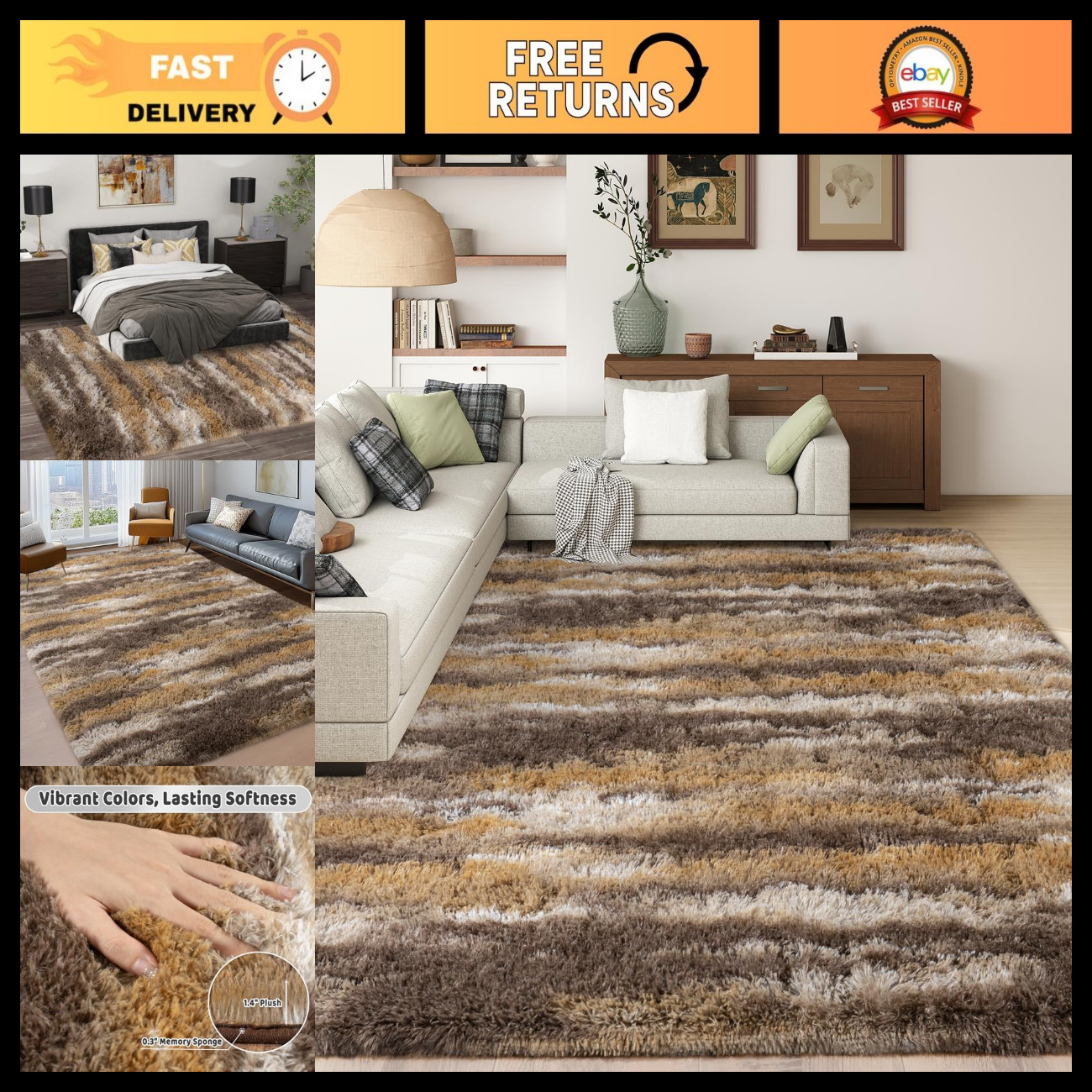 8x10 Large Shag Rugs for Living Room, Washable Abstract Brown
