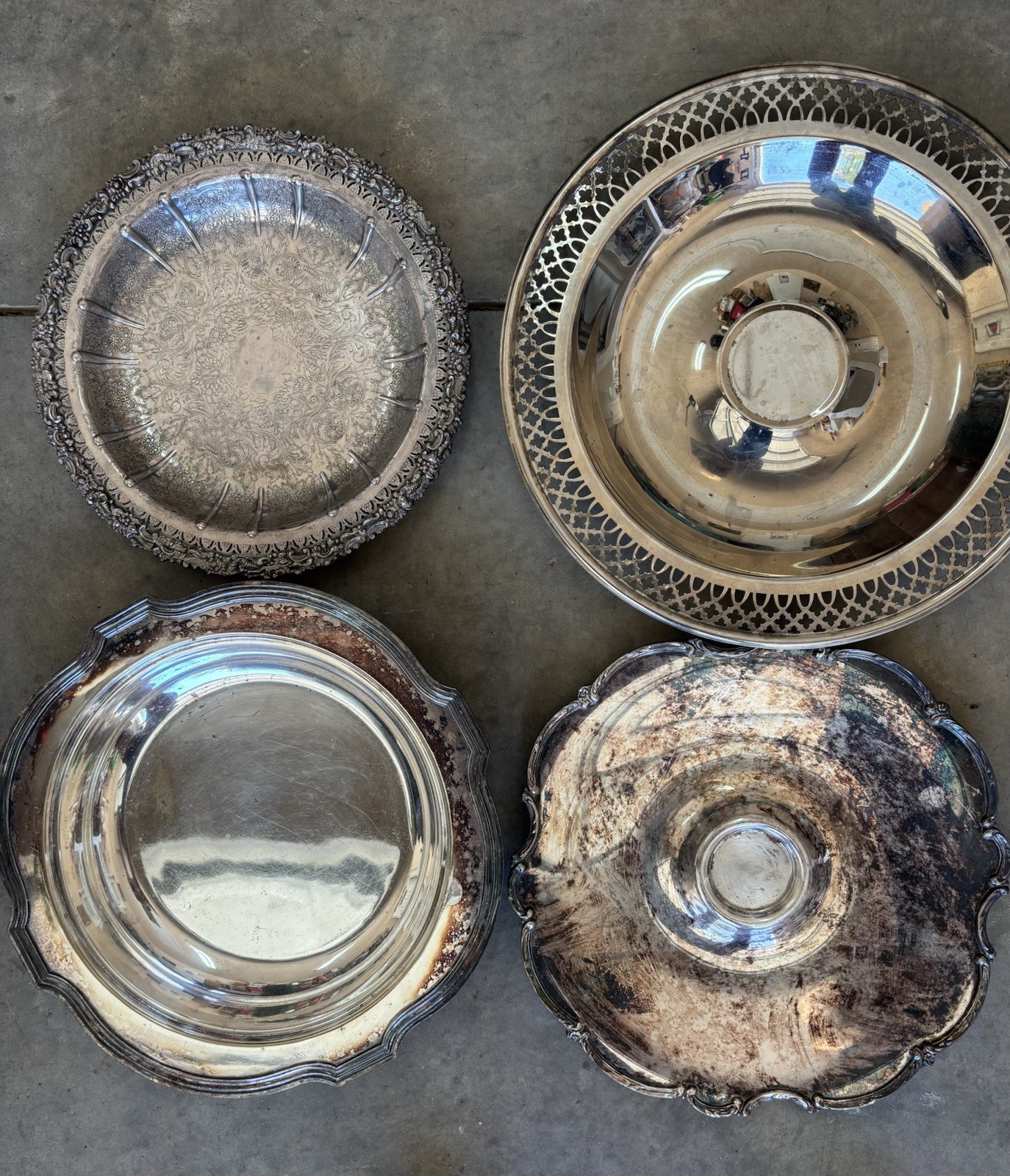 4 Beautiful Silver-Plated Trays Decorative Assorted Designs 11”-13” sizes