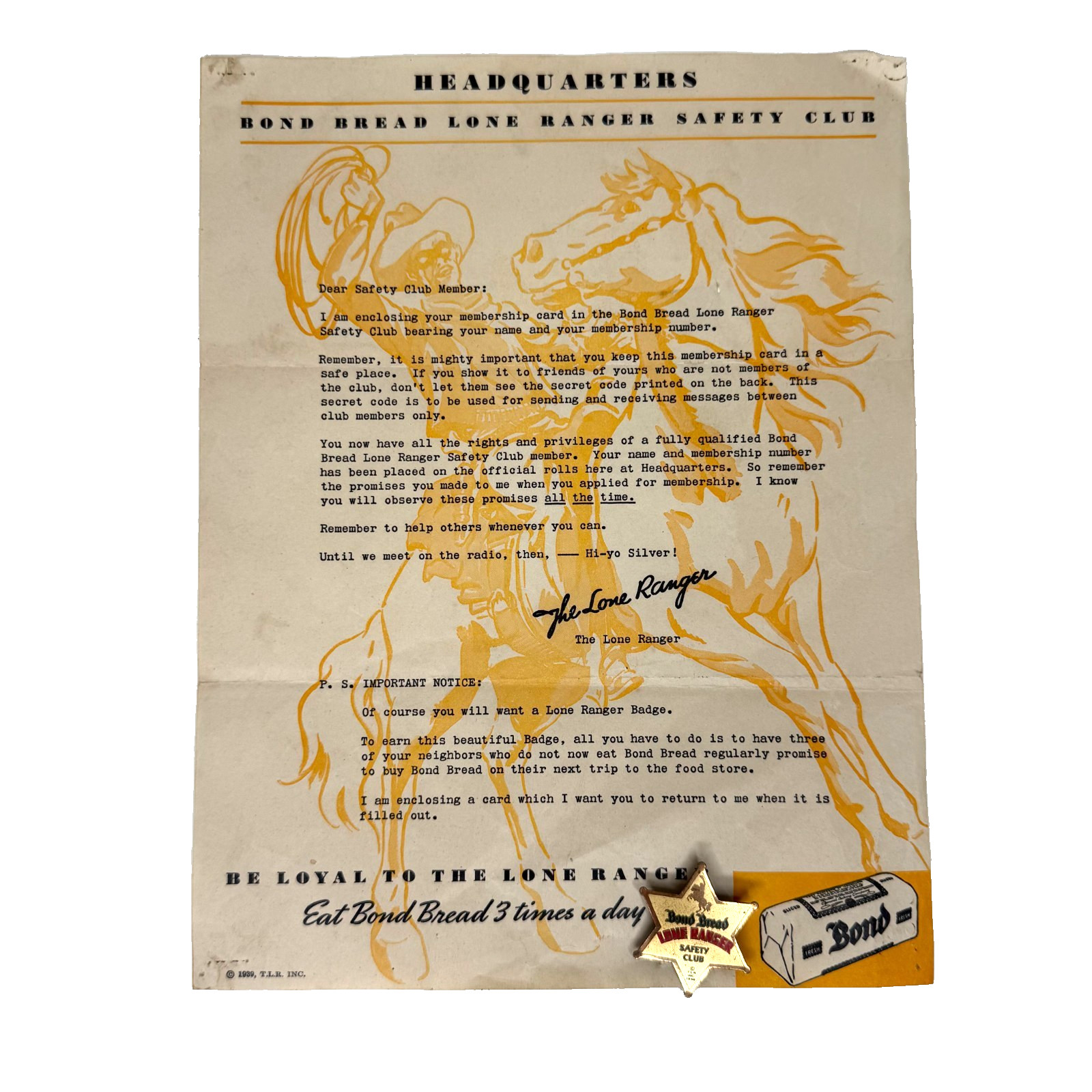 ORIGINAL 1939 THE LONE RANGER BOND BREAD SAFETY CLUB PREMIUM LETTER W/ PIN BADGE