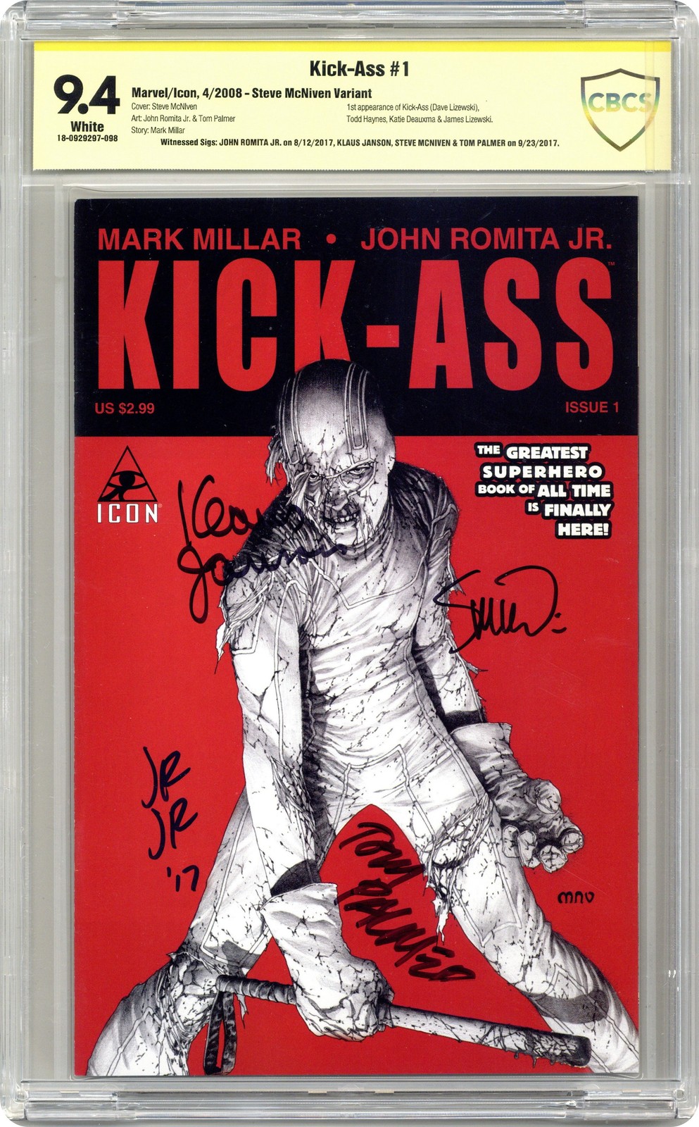 Kick-Ass 1C McNiven 1:10 CBCS 9.4 Witnessed Sig 2008