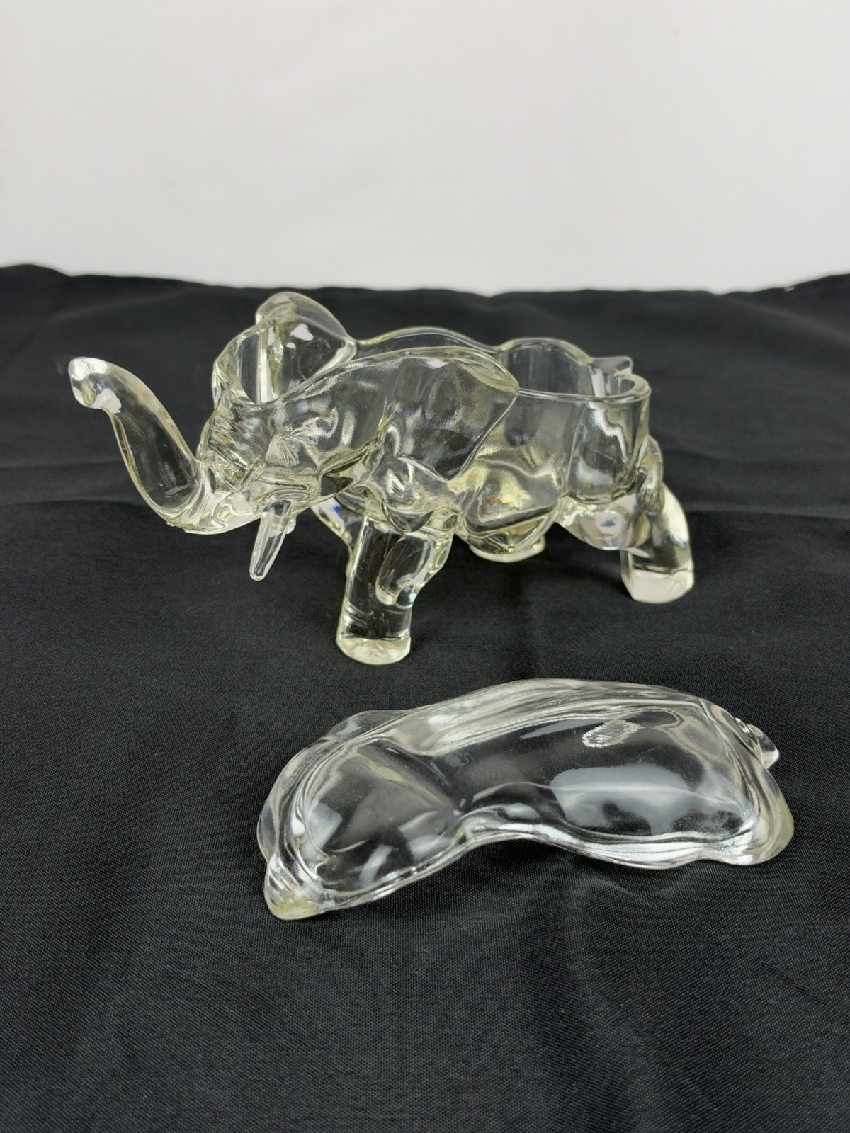 Vtg 1930s Co-Operative Flint Clear Glass Elephant Figural Lidded Box Dish