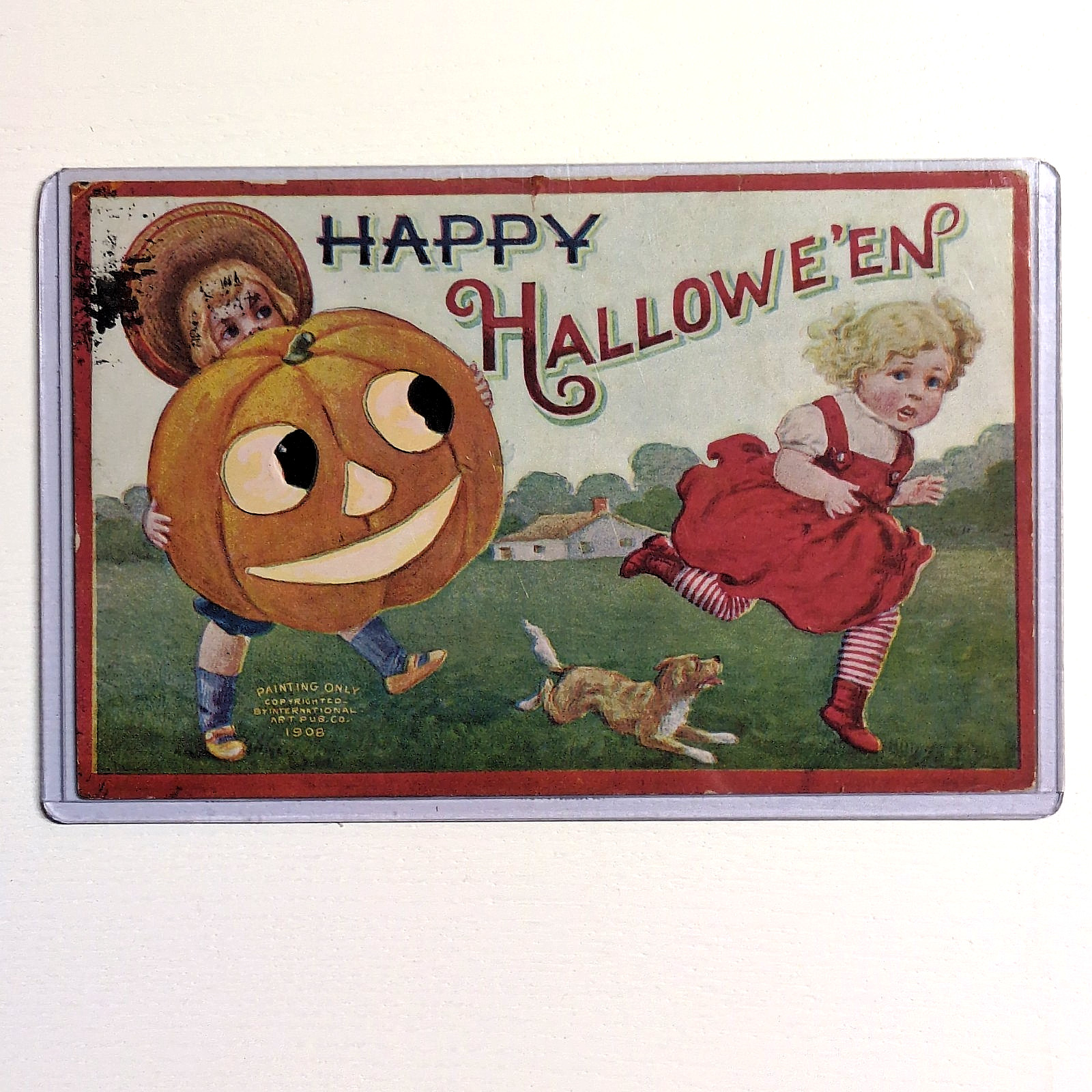 Antique 1908 Intl Art Halloween Postcard Large Pumpkin Children Dog