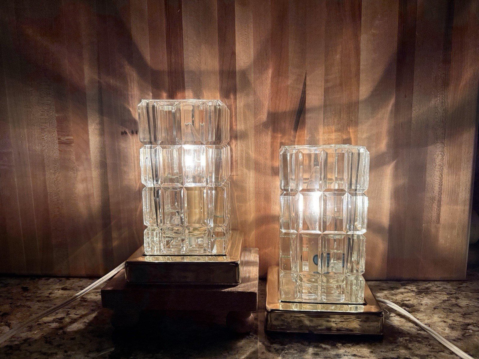 VTG  7” MCM Hollywood Regency Stacked Glass Column Cube (2) Pair Lamps Portugal