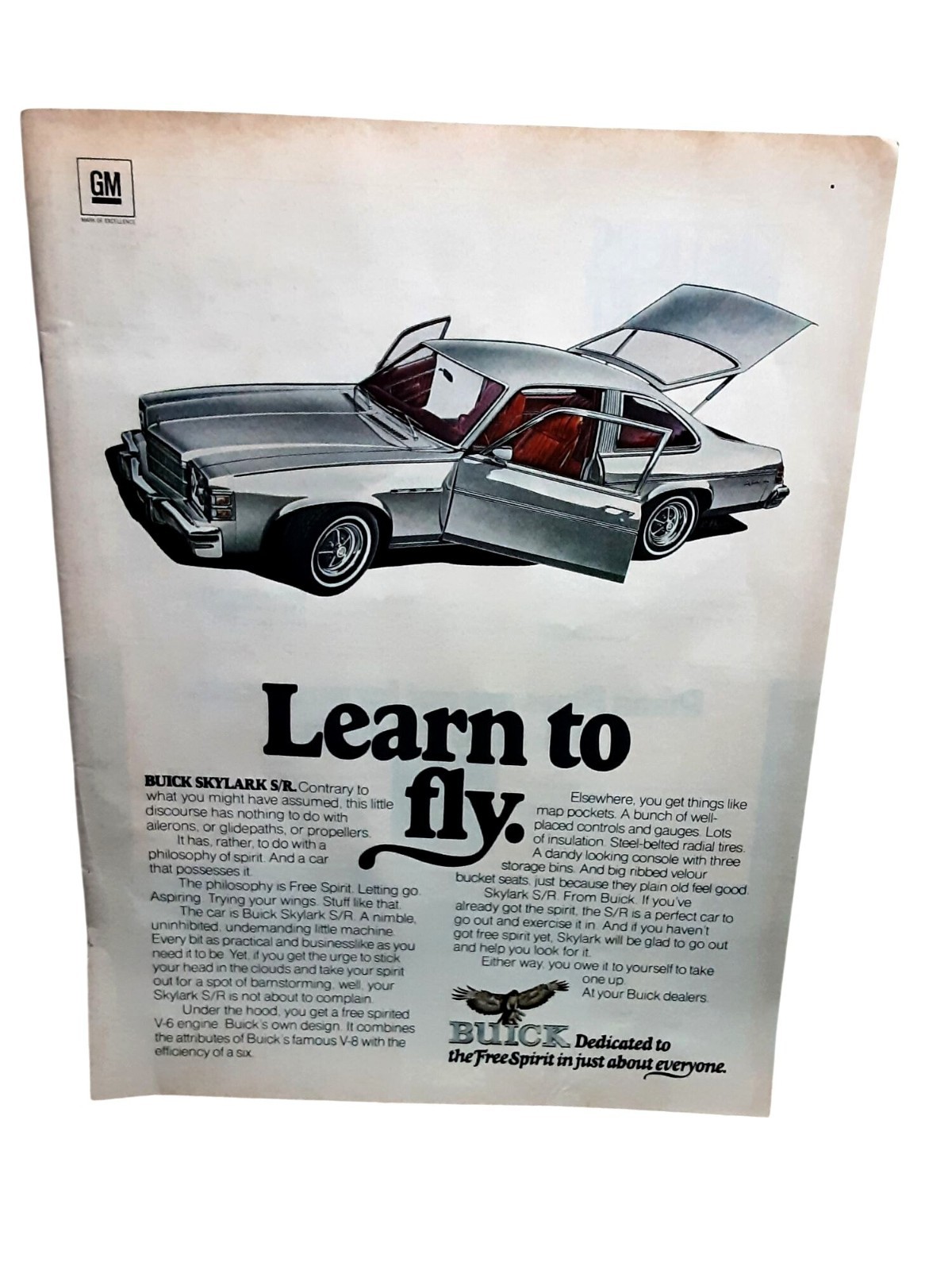 1975 Buick Skylark S/R Free Spirit Vintage Print Ad GM Learn to Fly 1970s Car