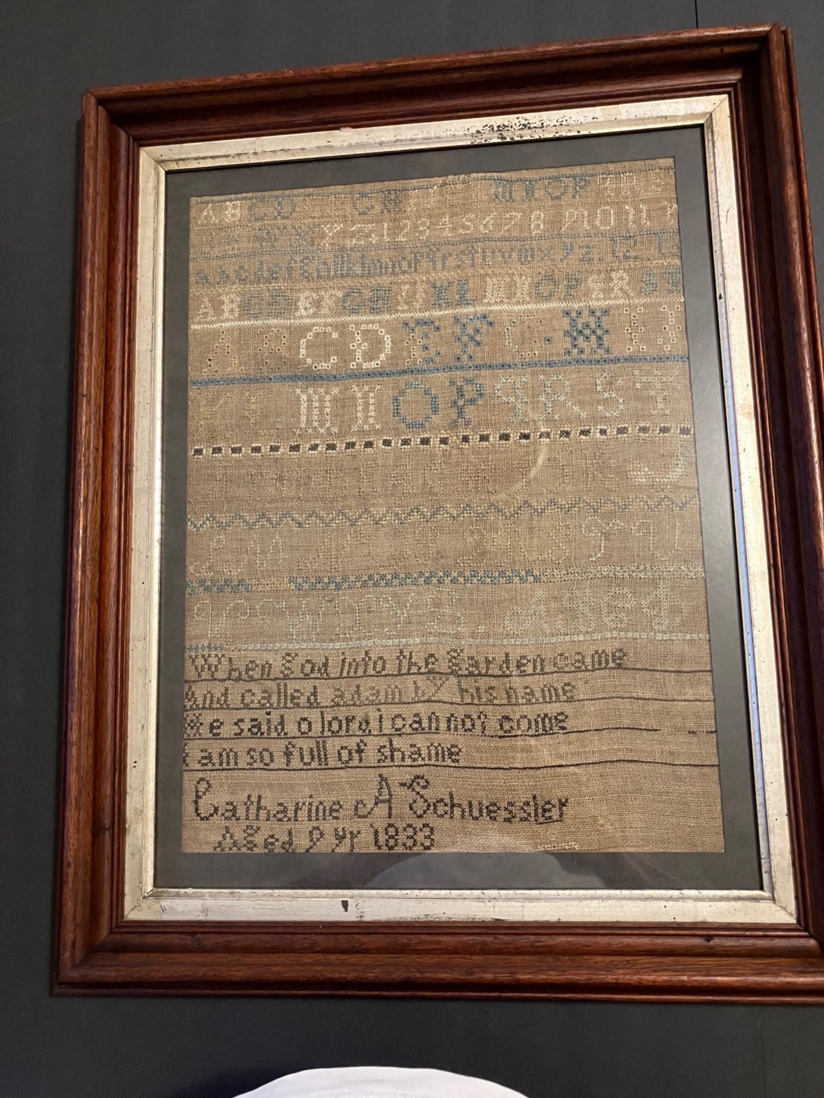ANTIQUE AMERICAN SCHOOLGIRL NEEDLEWORK SAMPLER CATHARINE A. SCHUESSLER POSS OHIO