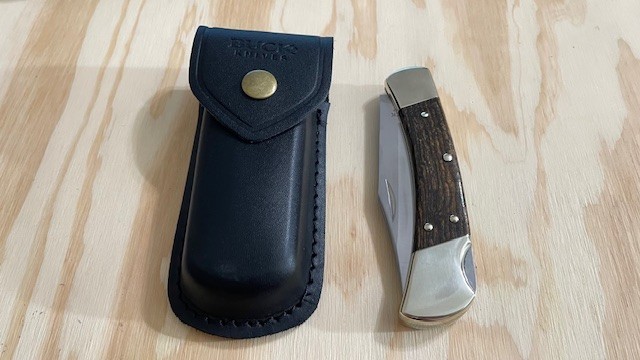 Buck 110USA Ebony WOOD Handle Folding Hunting Knife Lockback W/Leather Sheath-'.