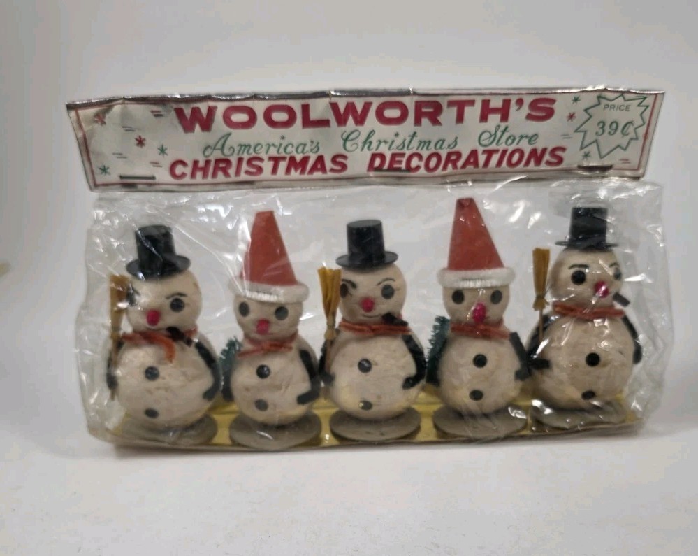 Vtg New Woolworth\'s Snowman Chenille Spun Cotton Japan NOS 1950s Set Package 