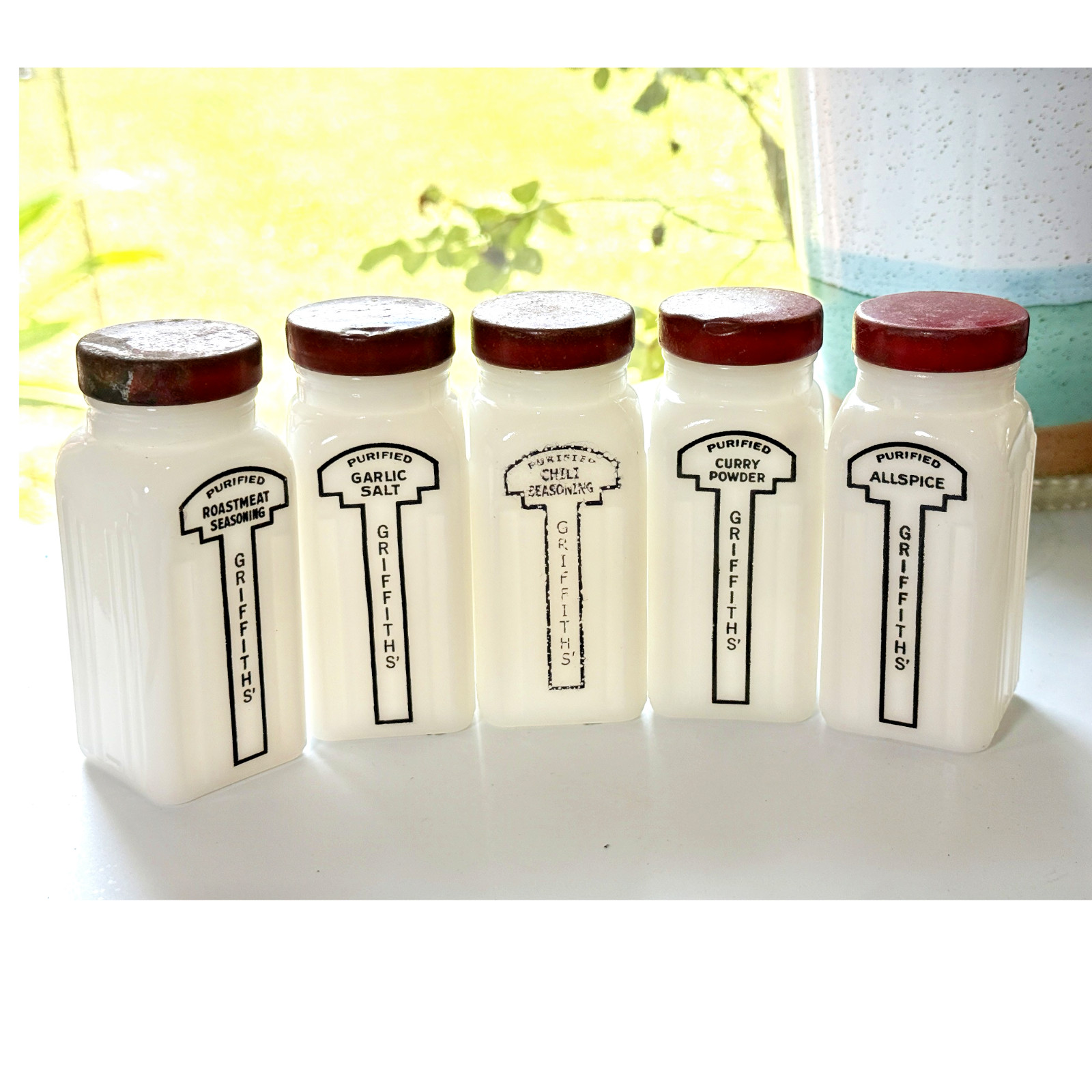 Vintage 5 Milk Glass Purified Spice Jars Seasoning Red Metal Caps Griffiths 4in