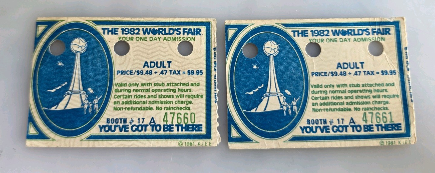 Two Vintage 1982 World’s Fair Ticket Stubs Knoxville Tennessee One Day Adult