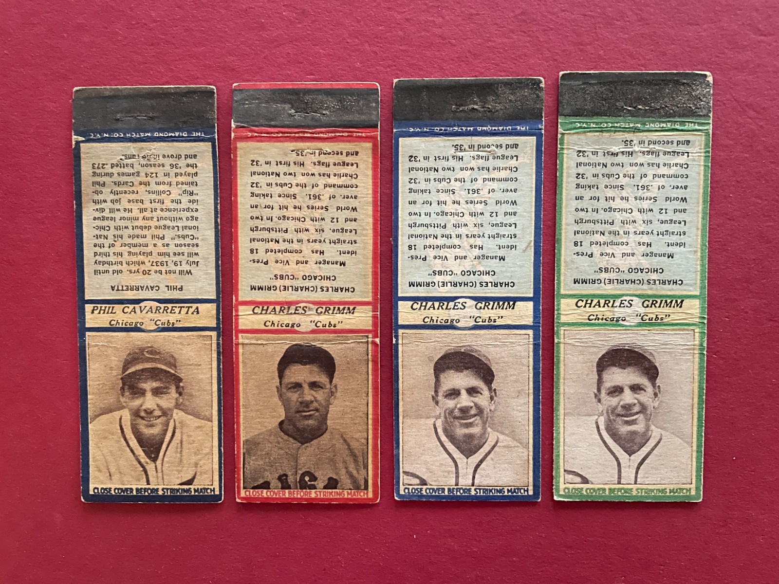 1937 Diamond Matchbook Lot of 4 Diff Phil Cavarretta Charlie Grim - Lower Grade