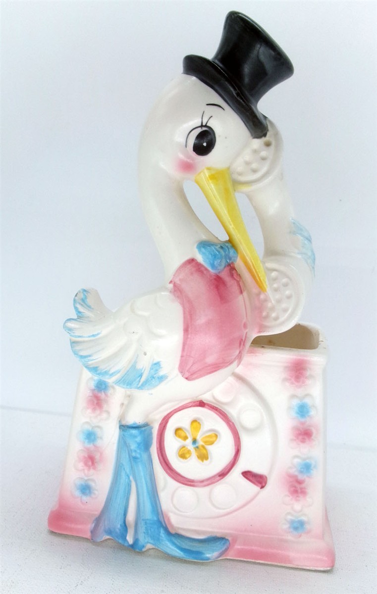 Vintage Relpo Stork on Phone Nursery Planter 6003 MCM Japan VGUC 
