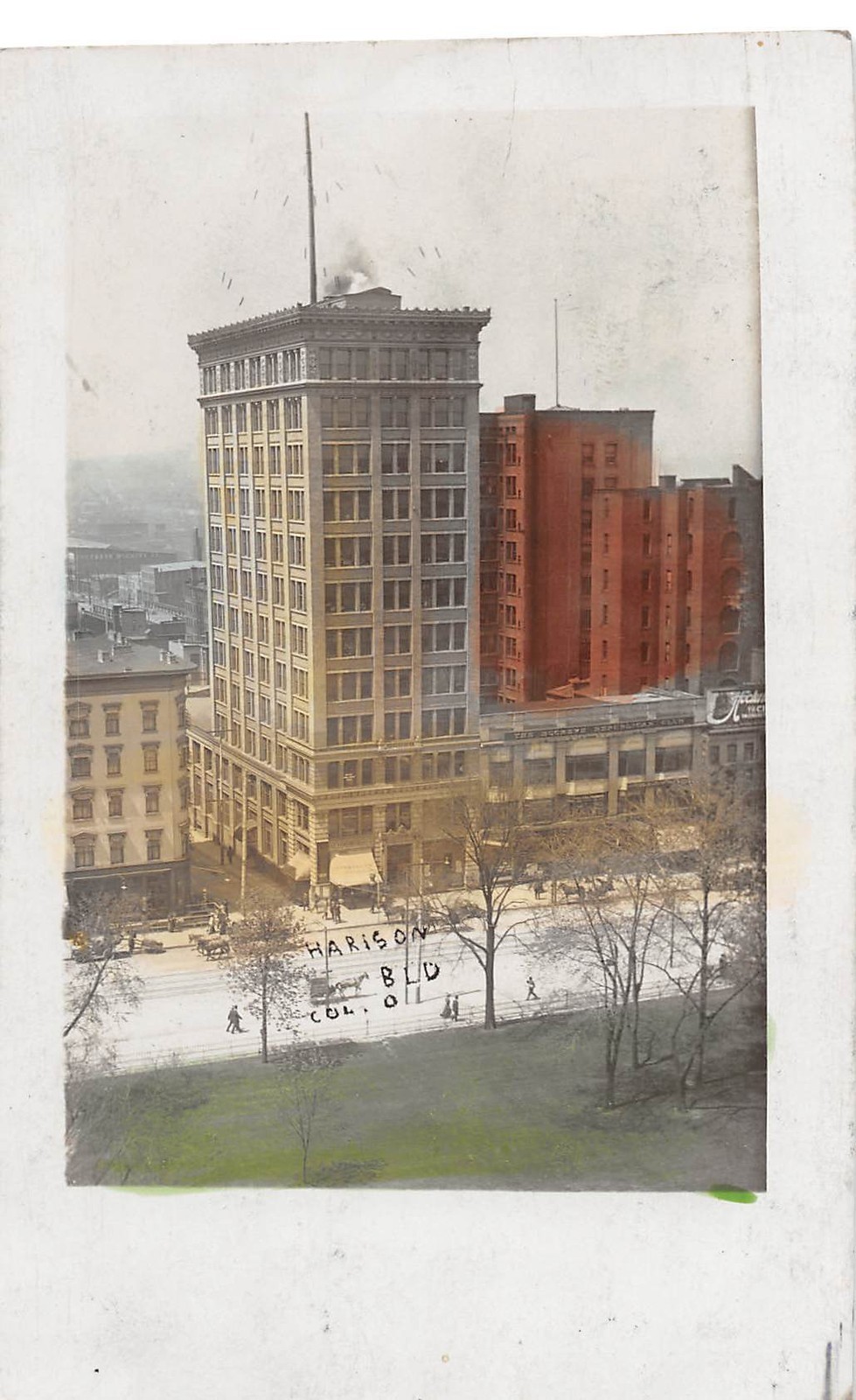 Ohio Postcard Real Photo RPPC 1907 Color HARISON BUILDING Horse Wagon