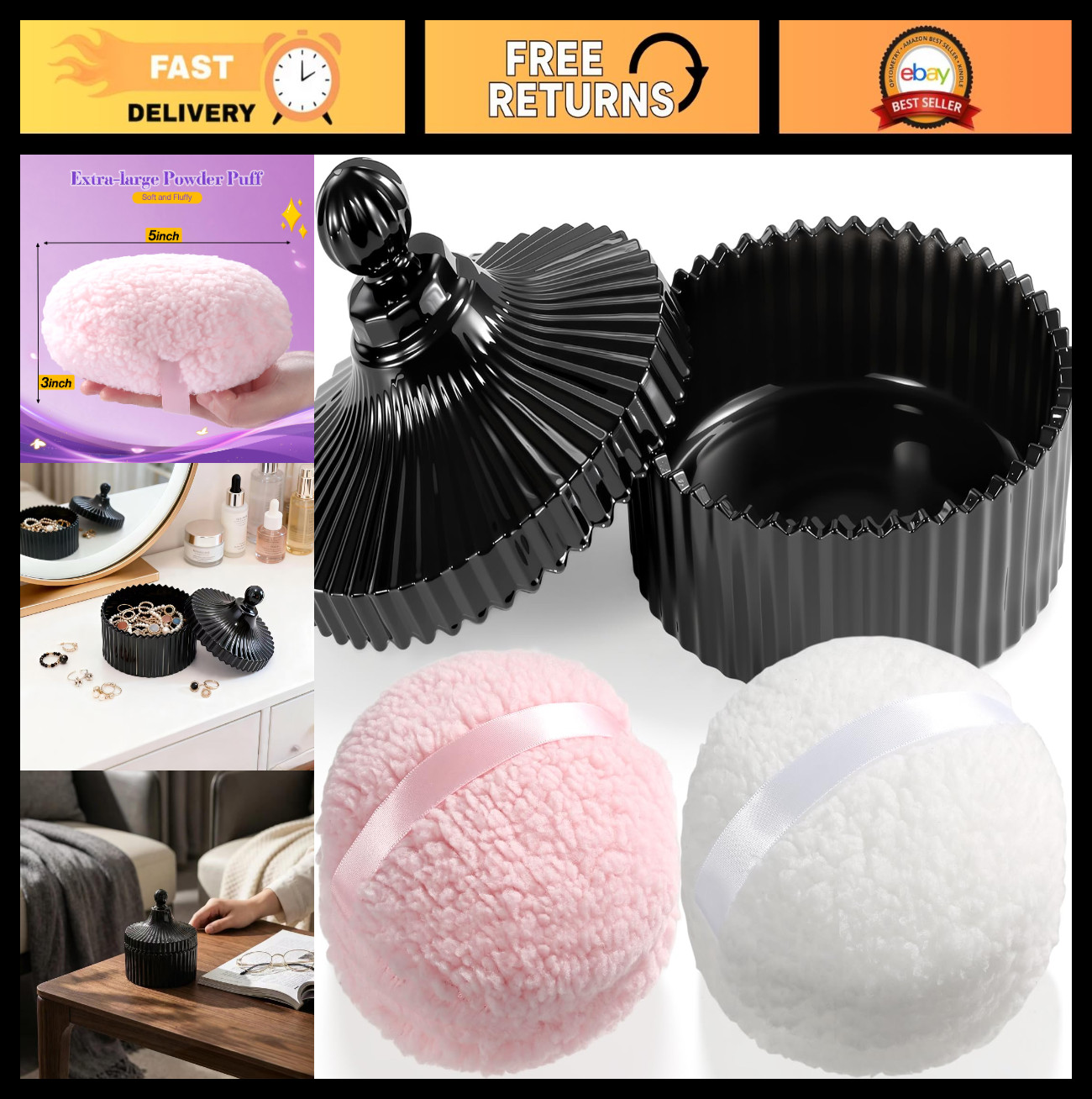 3pcs Large Powder Puff & Luxury Glass Container Set | 5.5\