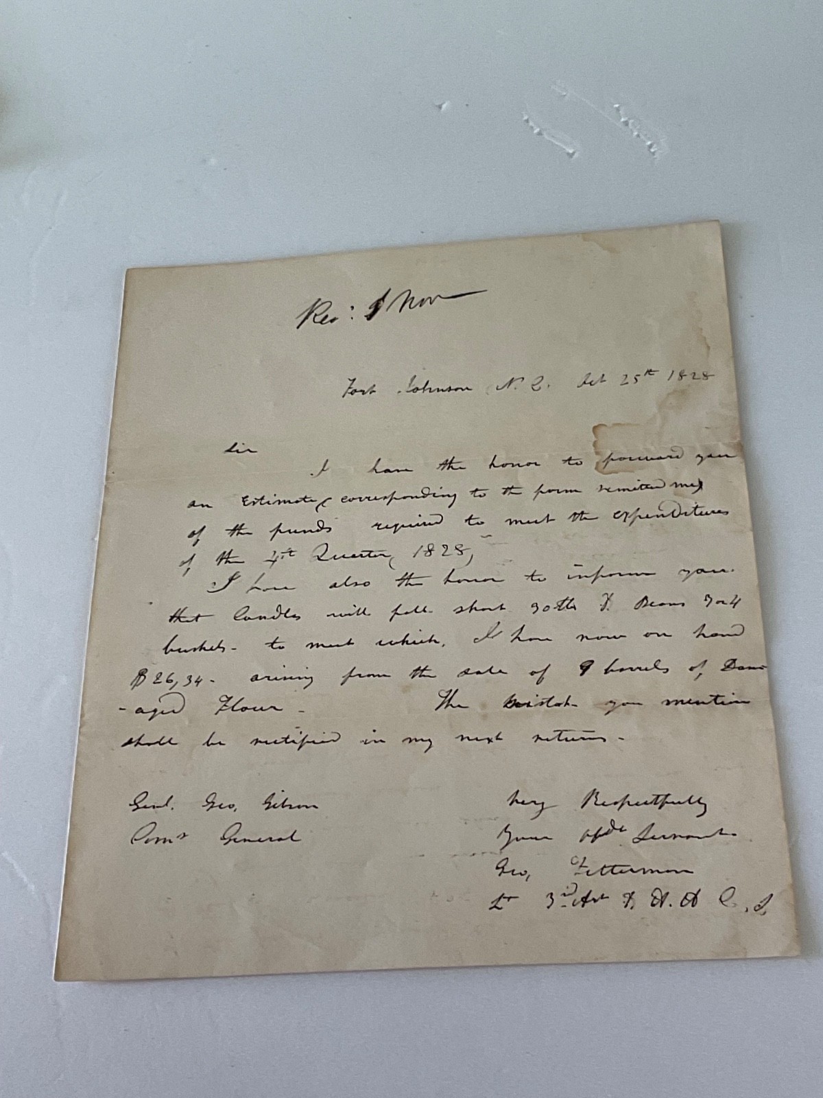 NORTH CAROLINA US ARMY FORT JOHNSON LETTER RE BAD RATIONS 3rd ARTILLERY 1828