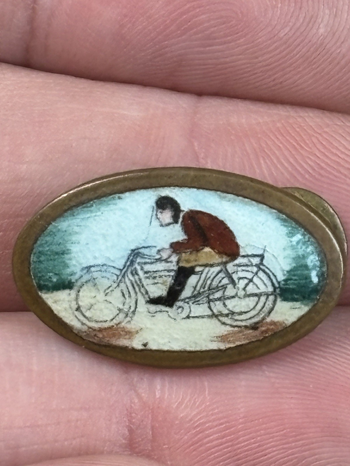 Antique Original RARE Celluloid Early Motorcycle Racer Graphic Lapel Cap Pin Oil
