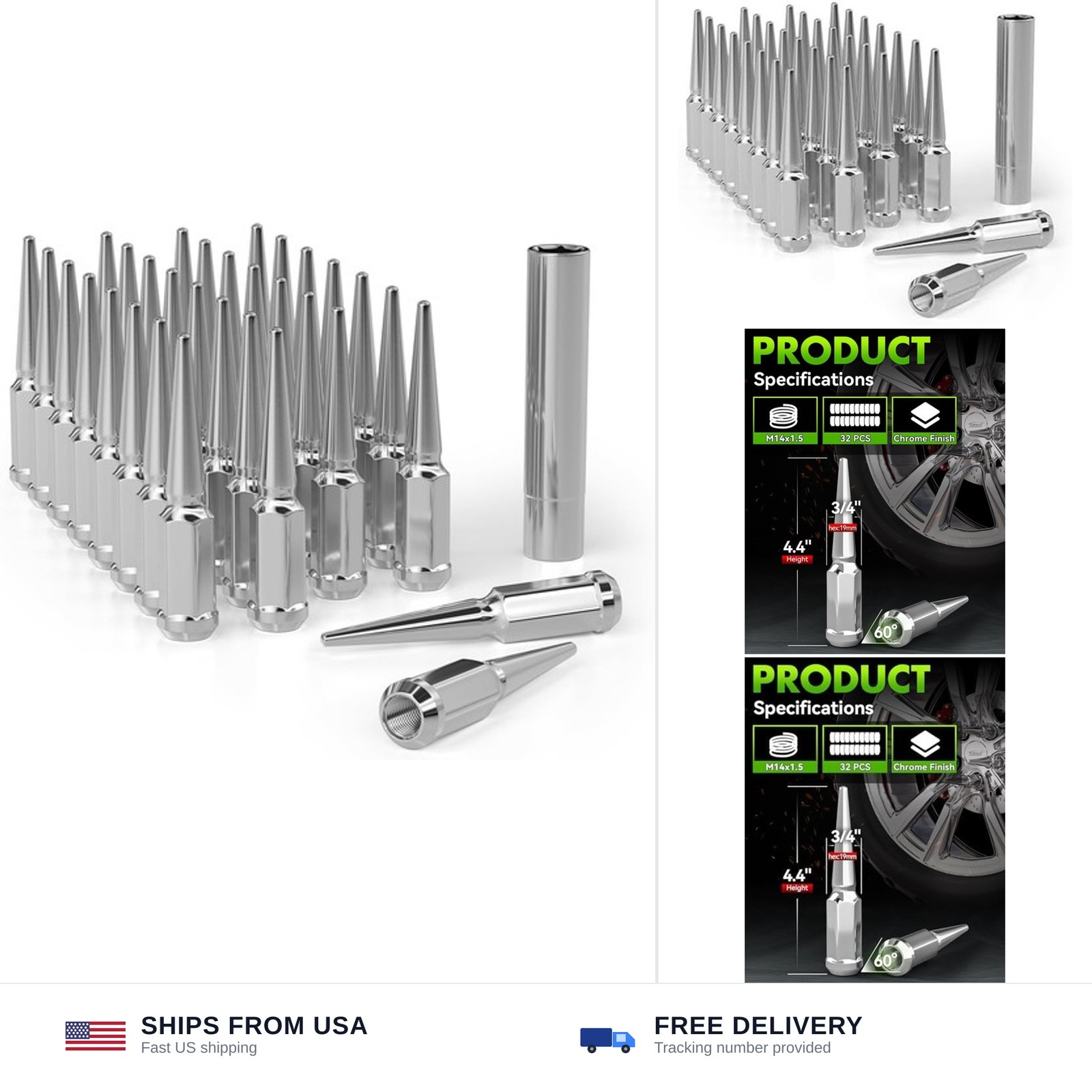 M14x1.5 Spike Lug Nuts 32PCS for Silverado Sierra Ram 2500 3500 | Chrome 4.4