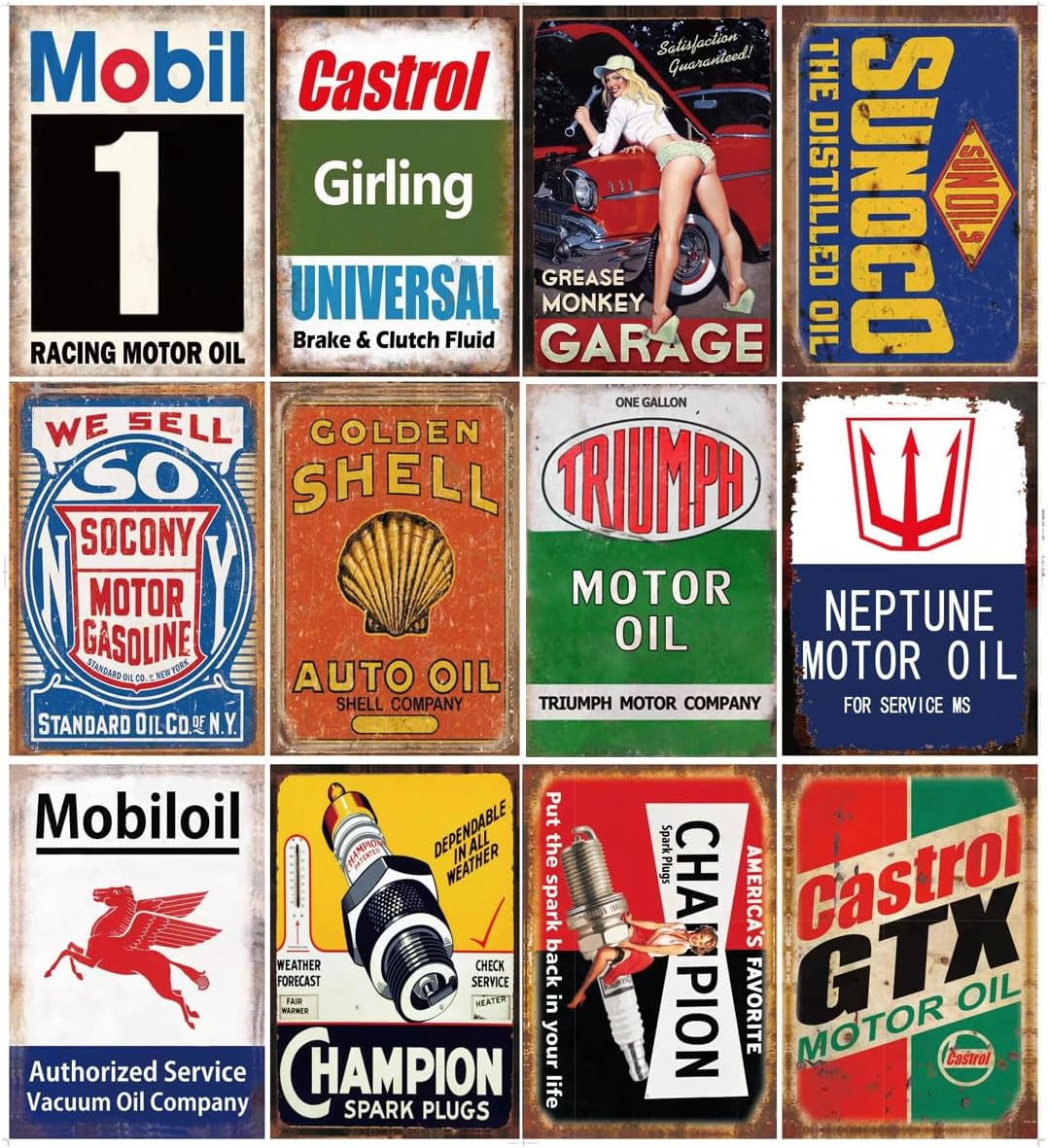 12 Pieces Gas and Oil Tin Signs, Retro Vintage Metal Sign for Home Man Cave Gara
