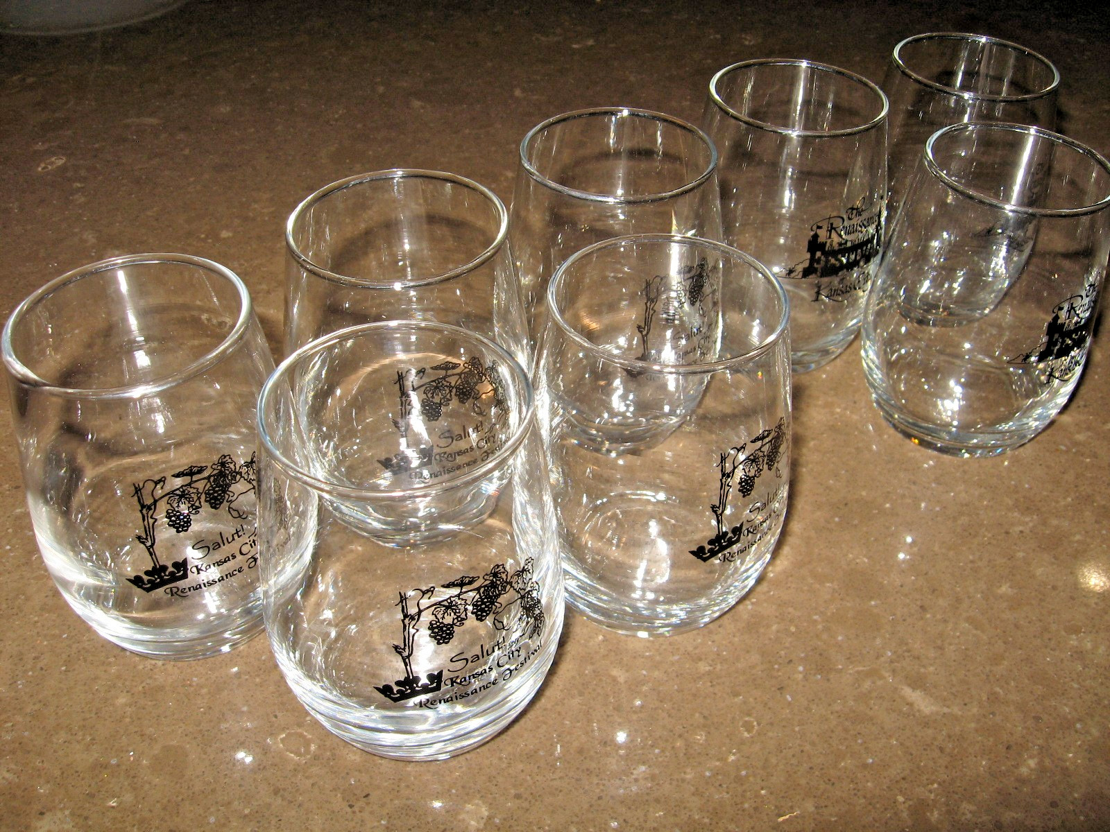rmk99 KC Renaissance Festival Lot=8  Stemless Wine Glasses 2 Designs NM st135
