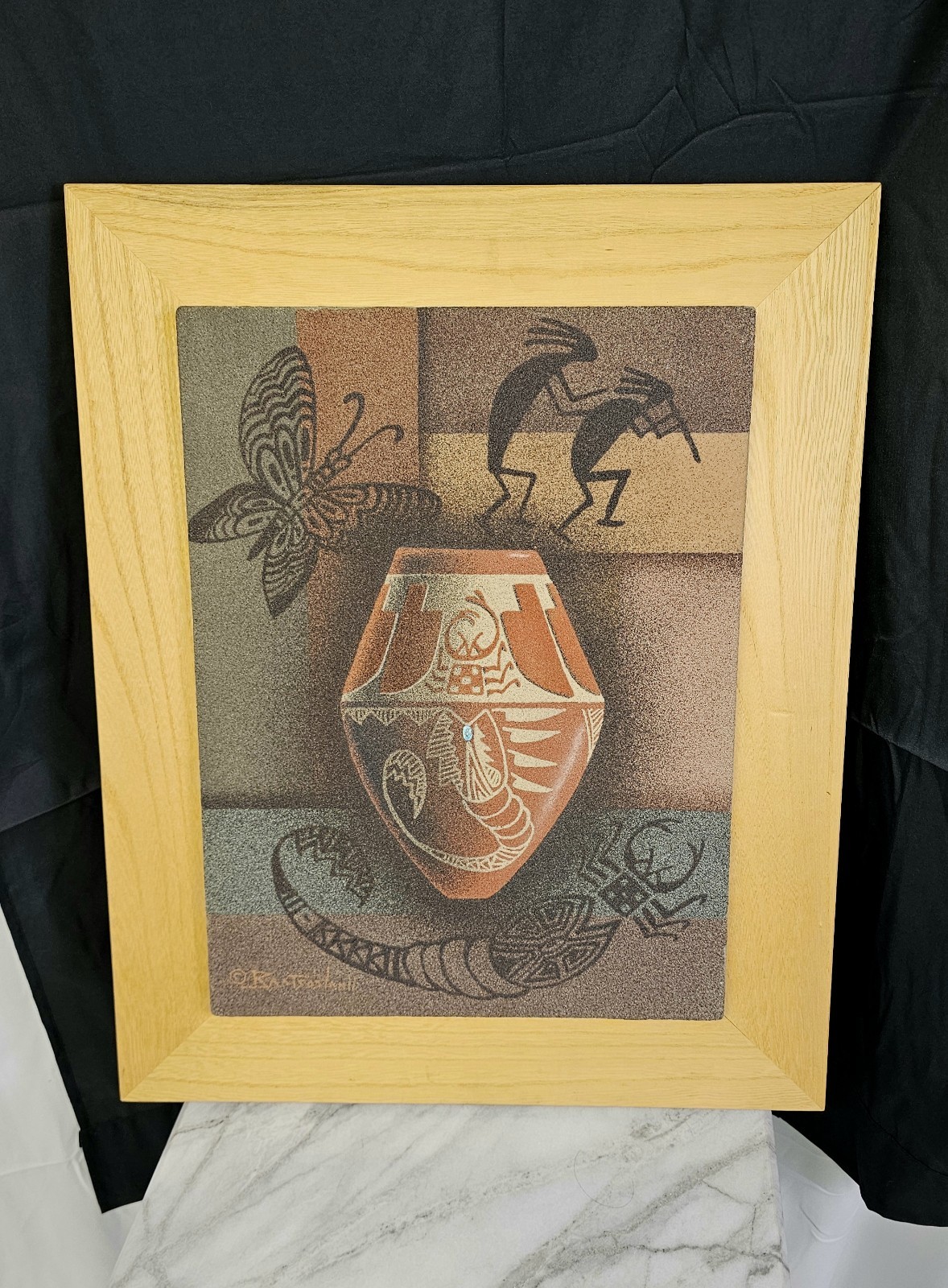 RARE 1981 EUGENE BAATSOSLANII JOE NAVAJO CREATIVE SAND ART FRAMED PAINTING