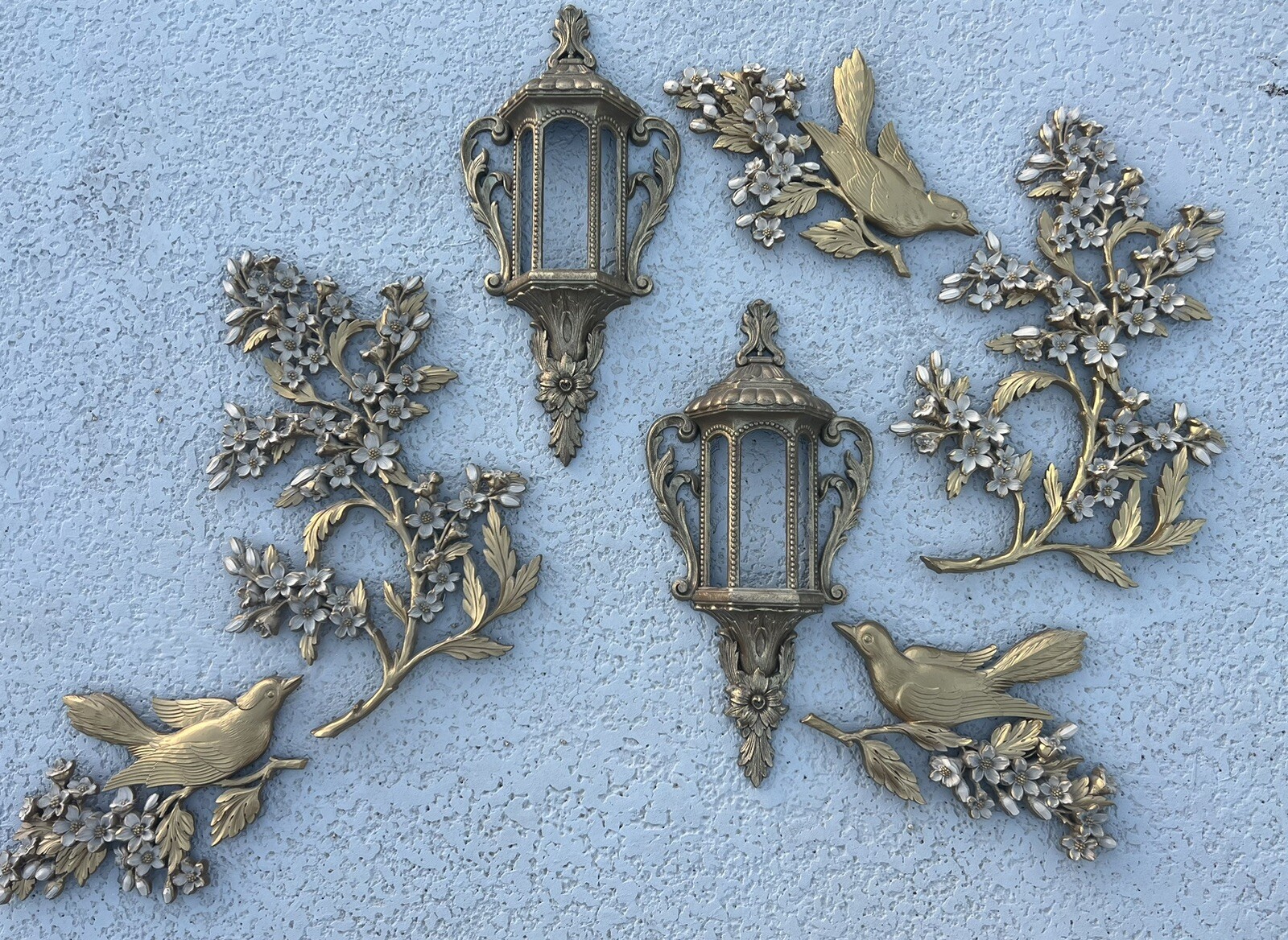 MCM Syroco Wall Decor 7 Piece Vintage Gold Birds Floral Lantern Dart Industries