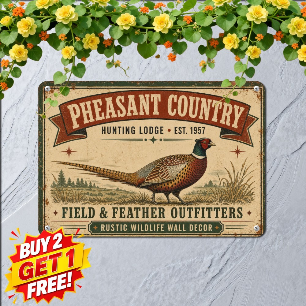 Pheasant Hunting Bird Dog Metal Sign Autumn Wilderness Sports Decor 8x12