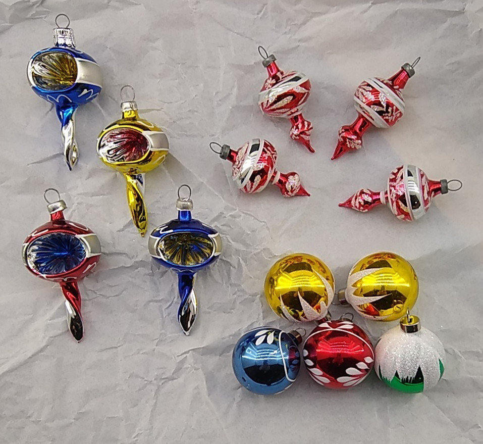 Vtg Mercury Glass Ornaments Indent Tornado Small Set of 13 Shiny Size 1.5\